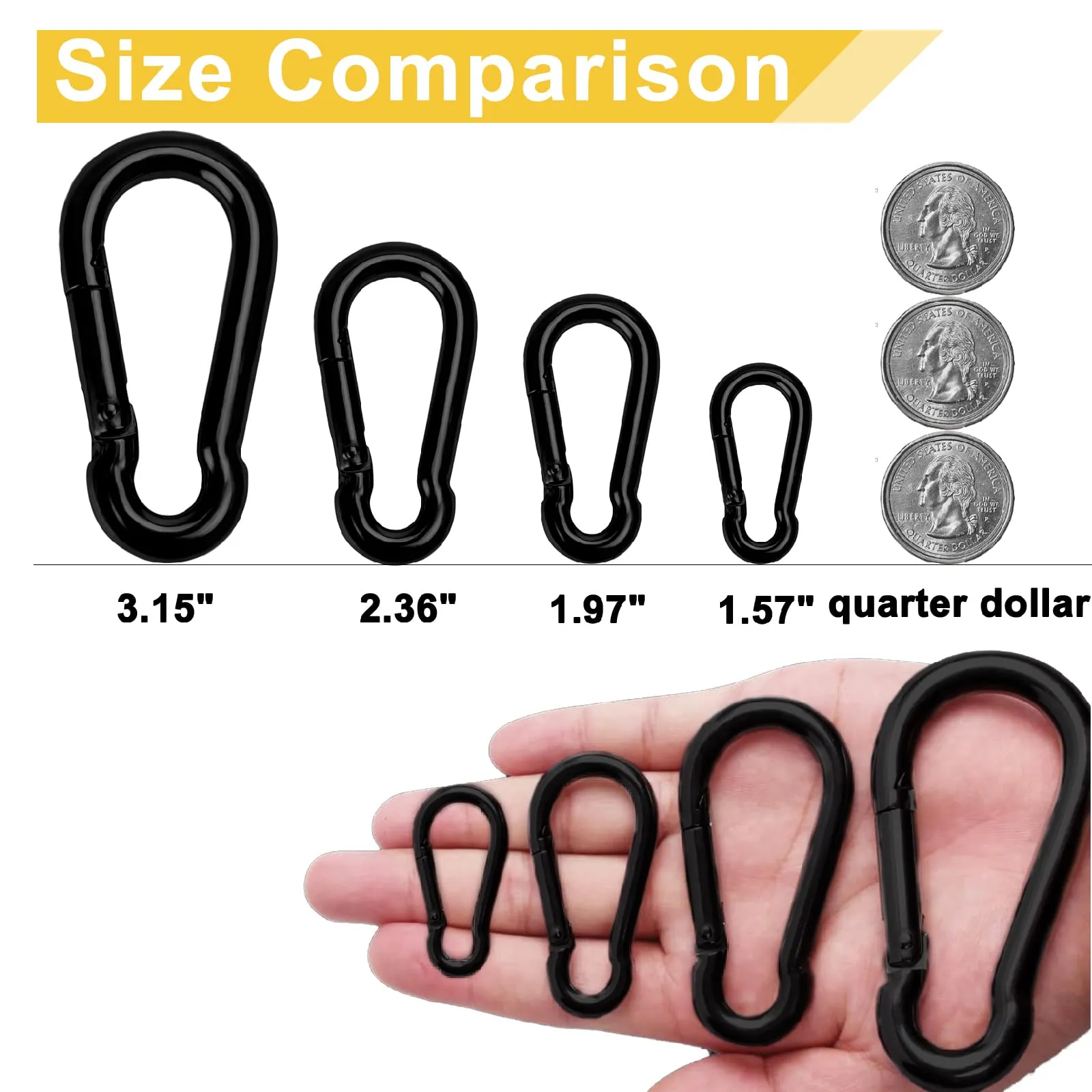 Spring Snap Hook Black Carabiner ，Sunxer Tool Small Black Carabiner Clip 1.97 inch 5 PCS Heavy Duty Carabiner Clip Qick Link for Keychain Dog Leash Locking Camping Fishing Hiking 1.97inch(M5)--5pcs