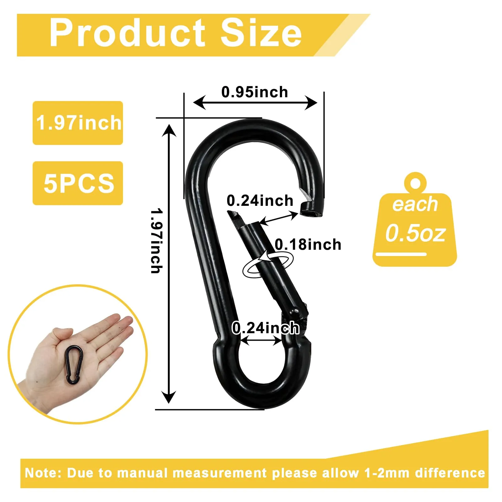 Spring Snap Hook Black Carabiner ，Sunxer Tool Small Black Carabiner Clip 1.97 inch 5 PCS Heavy Duty Carabiner Clip Qick Link for Keychain Dog Leash Locking Camping Fishing Hiking 1.97inch(M5)--5pcs
