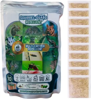 Squirrel Guard Squirrel Repellent, Multi Critter Repellent for Mice, Rat, Racoon, Opossum, Mosquito, Ant, Spider & More. 10 Pouches, 10 Bags & Carabiner Hooks. in/Outdoor use. (No Bags/Hooks)