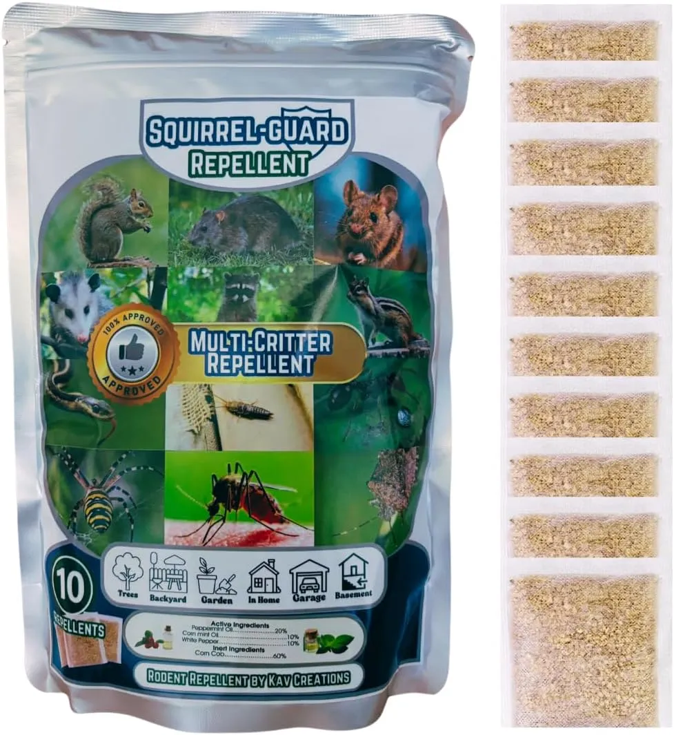 Squirrel Guard Squirrel Repellent, Multi Critter Repellent for Mice, Rat, Racoon, Opossum, Mosquito, Ant, Spider & More. 10 Pouches, 10 Bags & Carabiner Hooks. in/Outdoor use. (No Bags/Hooks)