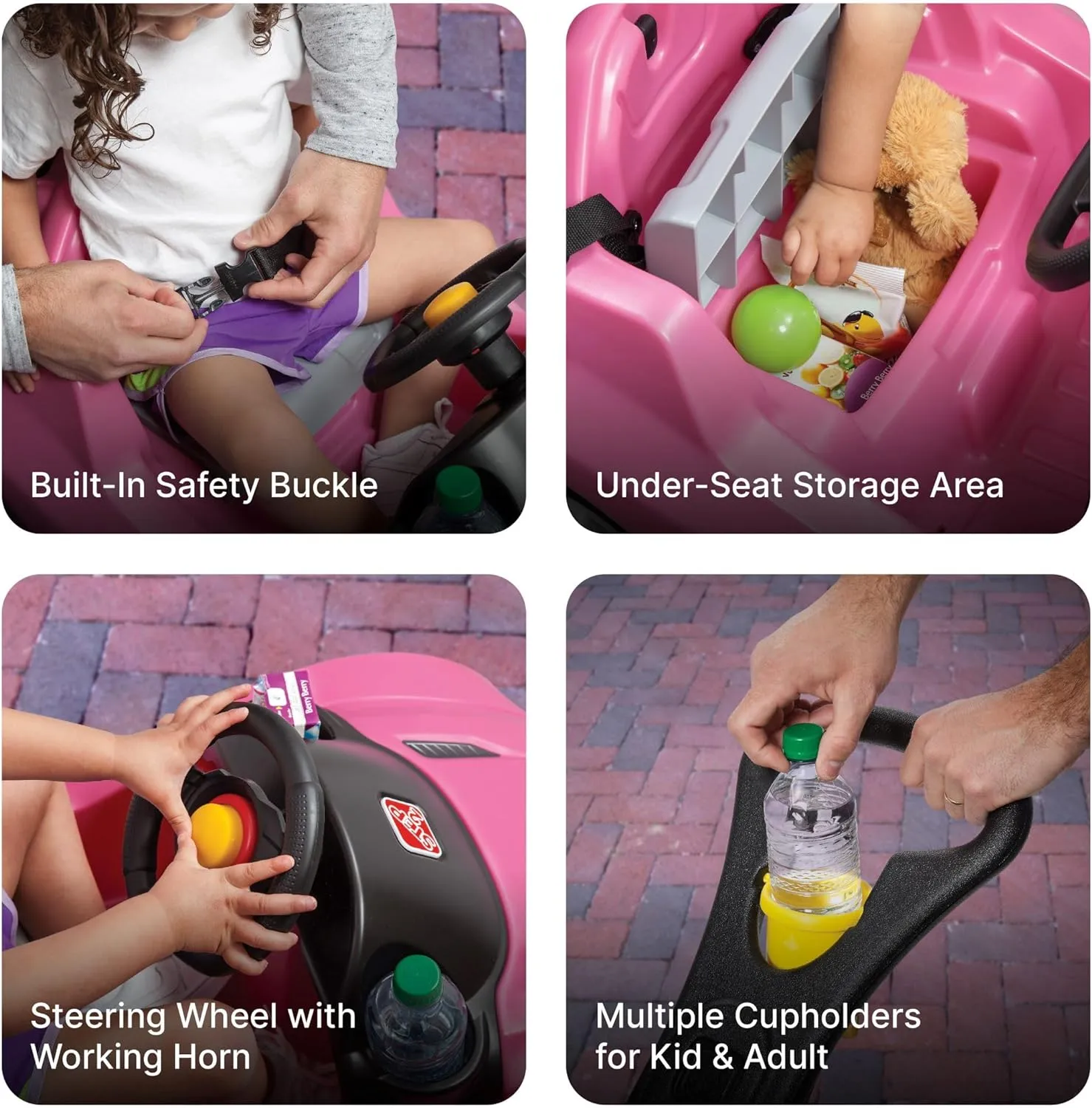 Step2 Whisper Ride Cruiser Kids Push Car, Ride On Toy, Stroller Substitute, Includes Seat Belt & Horn, Made of Durable Plastic, Max Weight 50 lbs., For Toddlers 1.5-4 Years Old, Pink