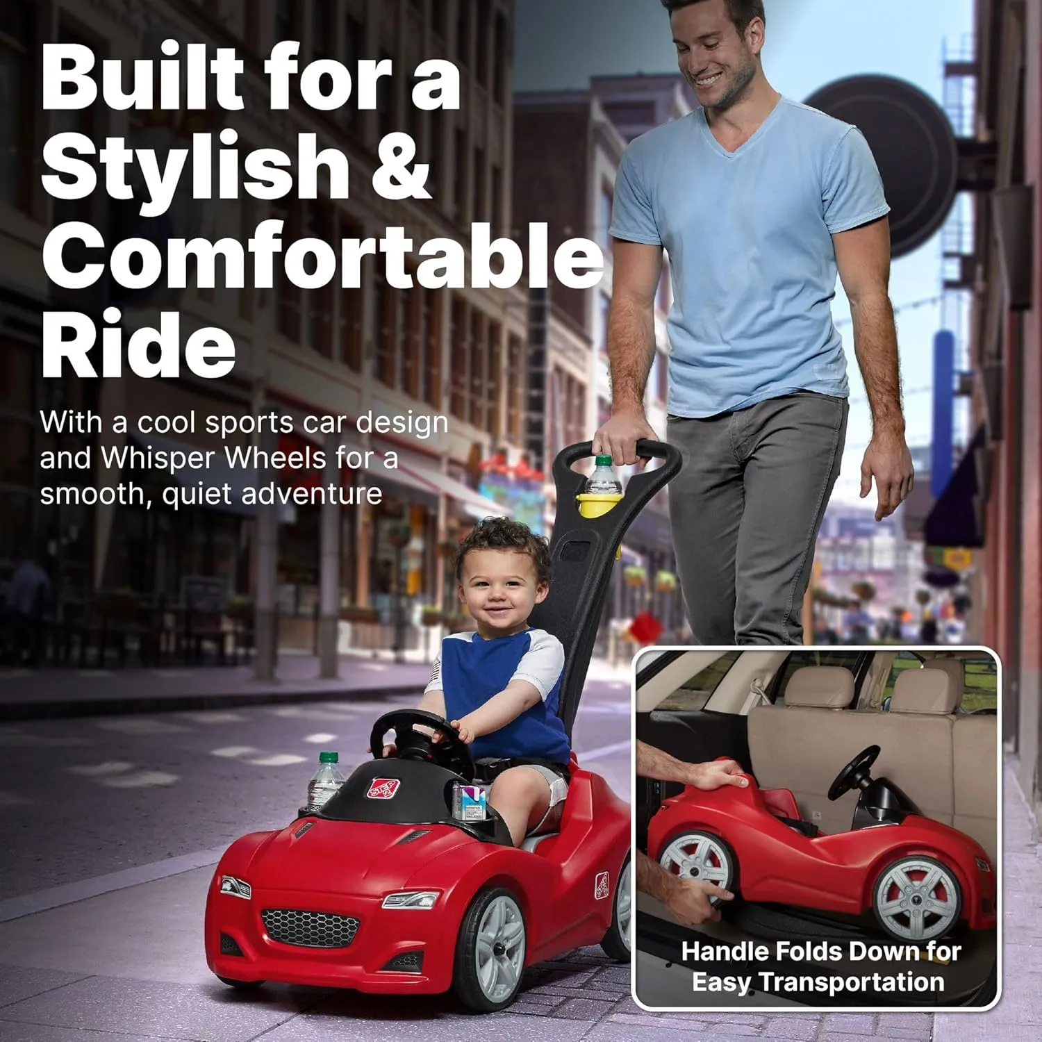Step2 Whisper Ride Cruiser Kids Push Car, Ride On Toy, Stroller Substitute, Includes Seat Belt & Horn, Made of Durable Plastic, Max Weight 50 lbs., For Toddlers 1.5-4 Years Old, Red