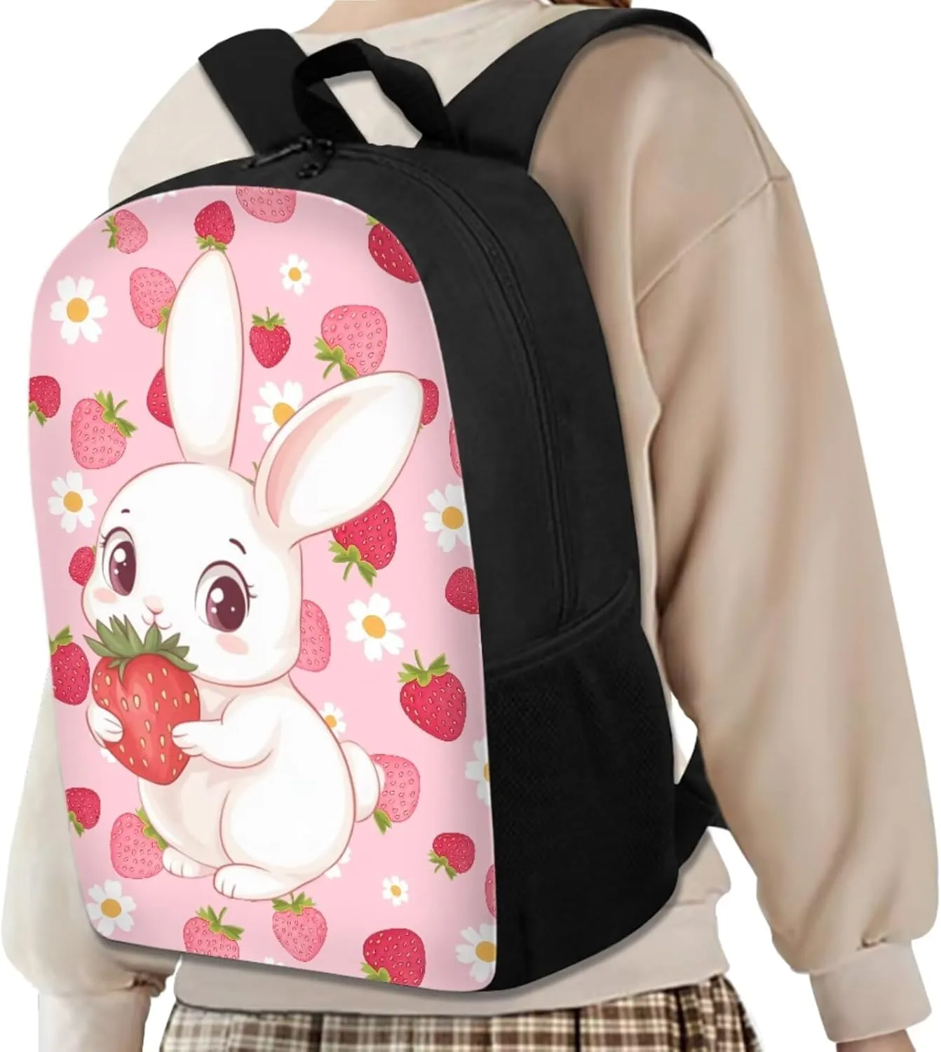 Strawberry Bunny School Backpack for Kids Backpacks with Lunch Box and Pencil Case Cute Bookbags Aesthetic Bookbags for 6th Grade Girls 4 Piece Schoolbags for Elementary Girls