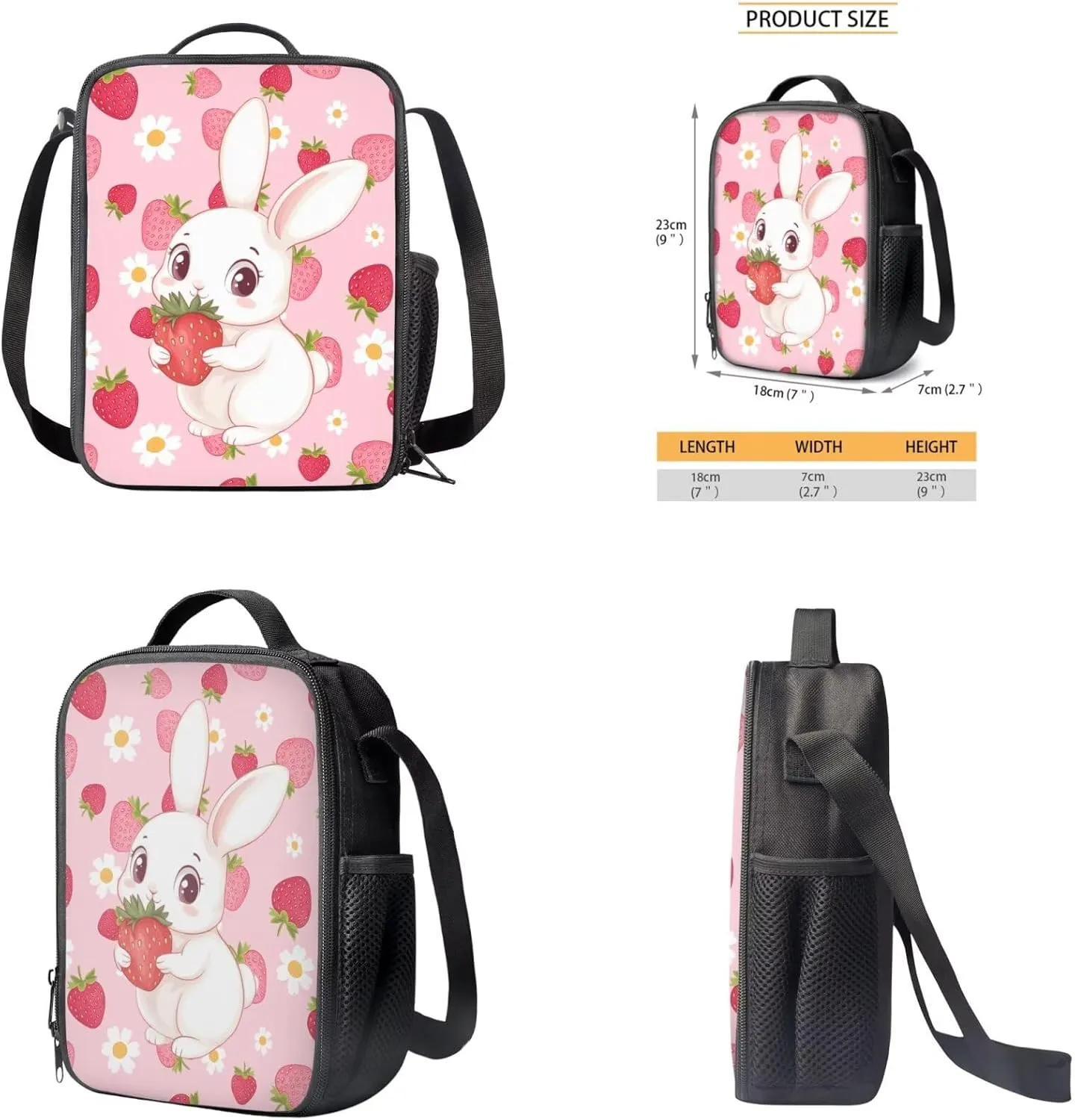 Strawberry Bunny School Backpack for Kids Backpacks with Lunch Box and Pencil Case Cute Bookbags Aesthetic Bookbags for 6th Grade Girls 4 Piece Schoolbags for Elementary Girls