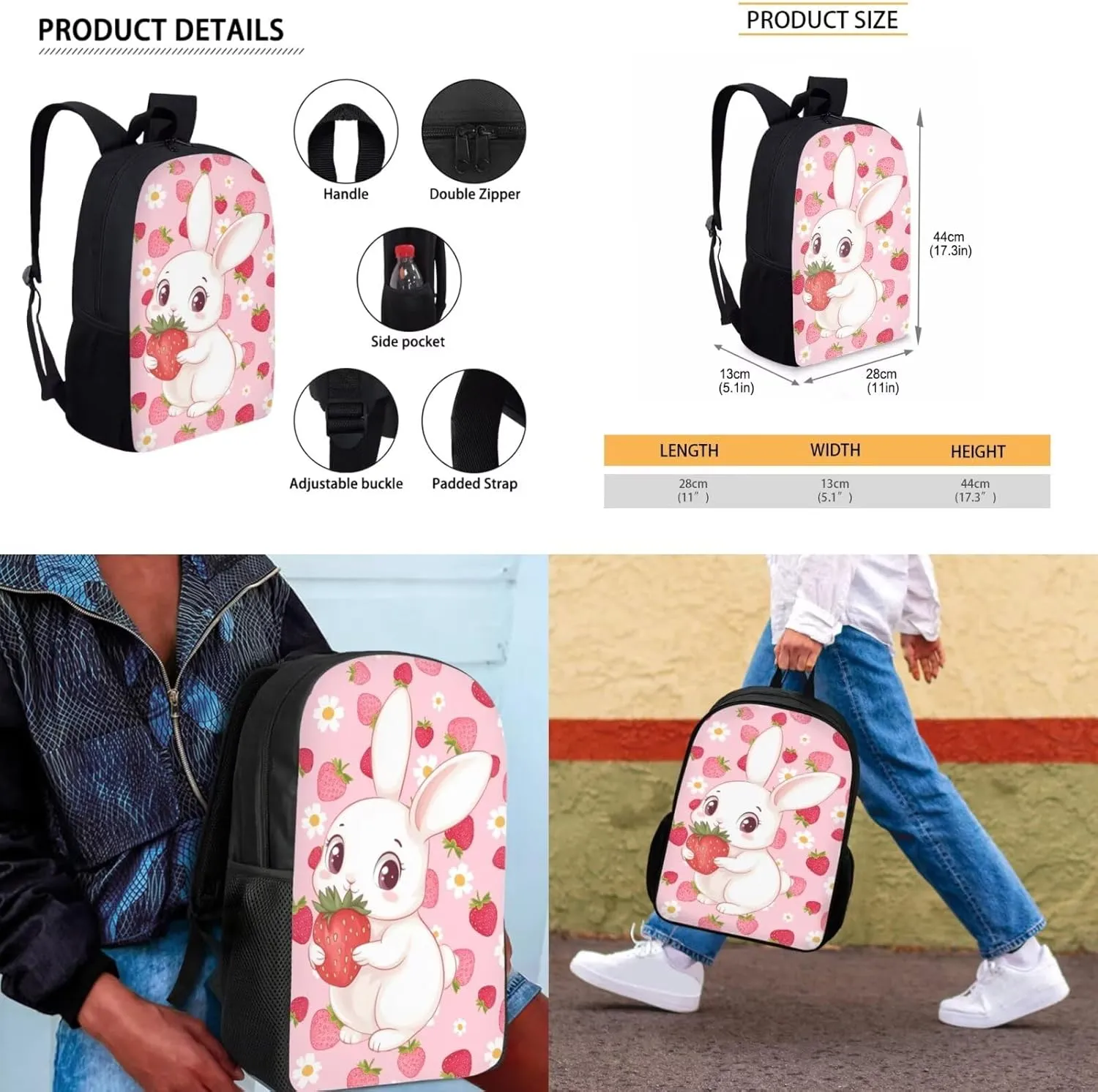 Strawberry Bunny School Backpack for Kids Backpacks with Lunch Box and Pencil Case Cute Bookbags Aesthetic Bookbags for 6th Grade Girls 4 Piece Schoolbags for Elementary Girls