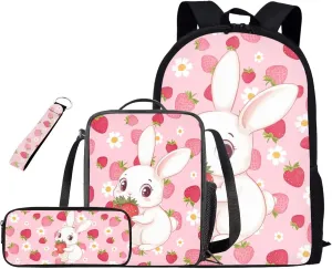 Strawberry Bunny School Backpack for Kids Backpacks with Lunch Box and Pencil Case Cute Bookbags Aesthetic Bookbags for 6th Grade Girls 4 Piece Schoolbags for Elementary Girls