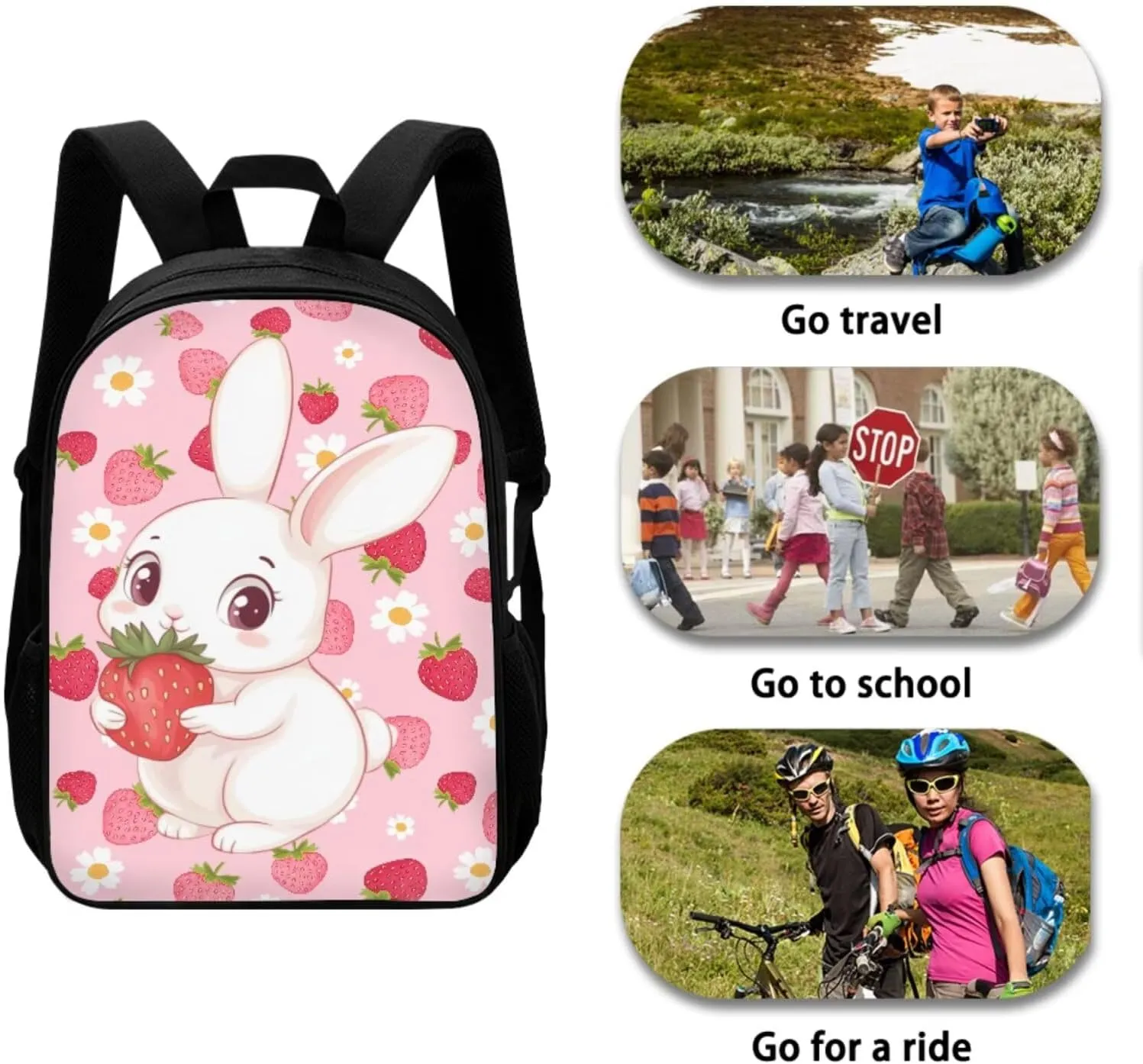 Strawberry Bunny School Backpack for Kids Backpacks with Lunch Box and Pencil Case Cute Bookbags Aesthetic Bookbags for 6th Grade Girls 4 Piece Schoolbags for Elementary Girls