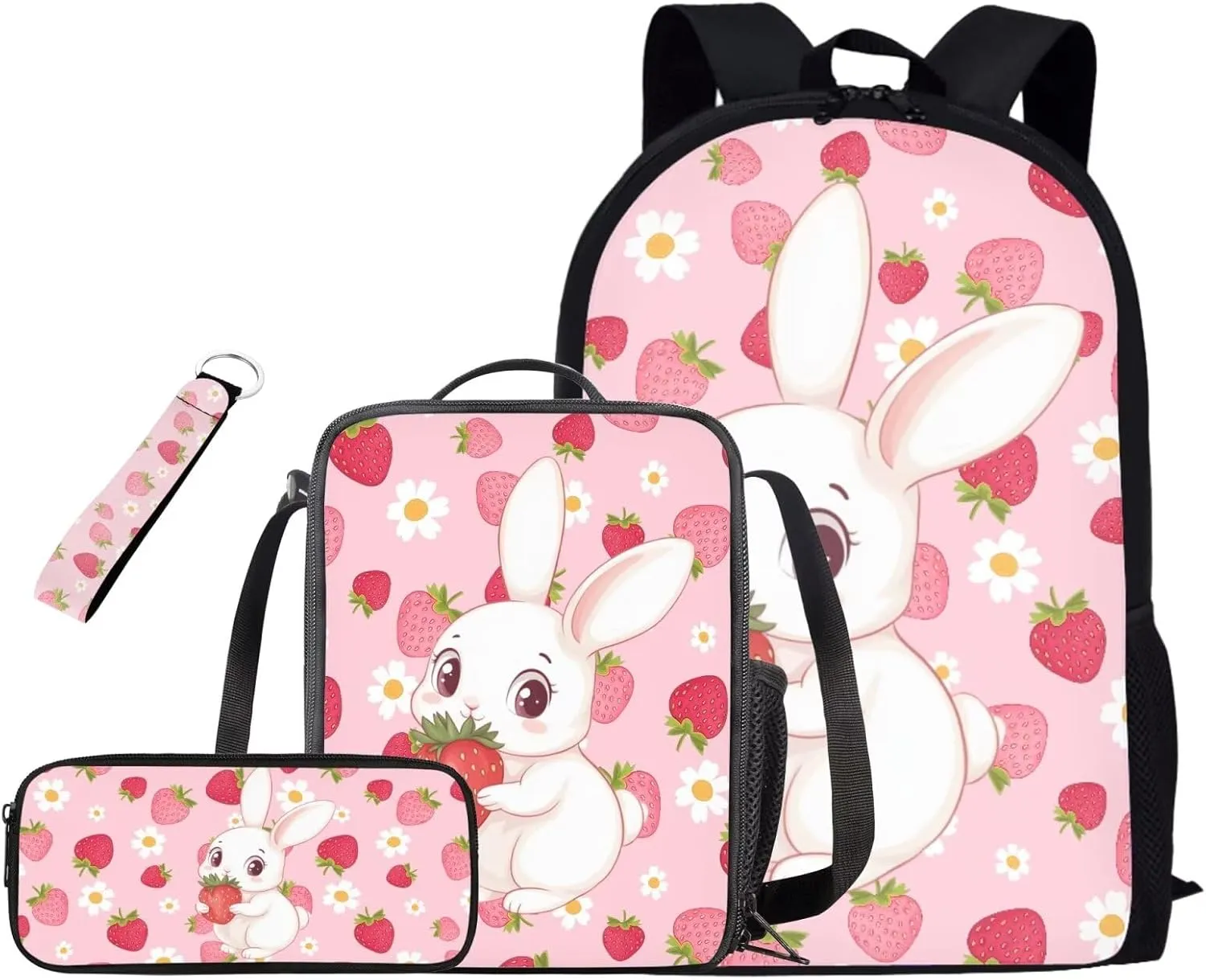 Strawberry Bunny School Backpack for Kids Backpacks with Lunch Box and Pencil Case Cute Bookbags Aesthetic Bookbags for 6th Grade Girls 4 Piece Schoolbags for Elementary Girls