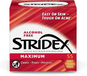 Stridex Medicated Acne Pads, Maximum, 55 Count, Pack of 3 – Facial Cleansing Wipes, Alcohol Free Face Pads, Acne Treatment for Face, For Moderate Acne, Smooth Application