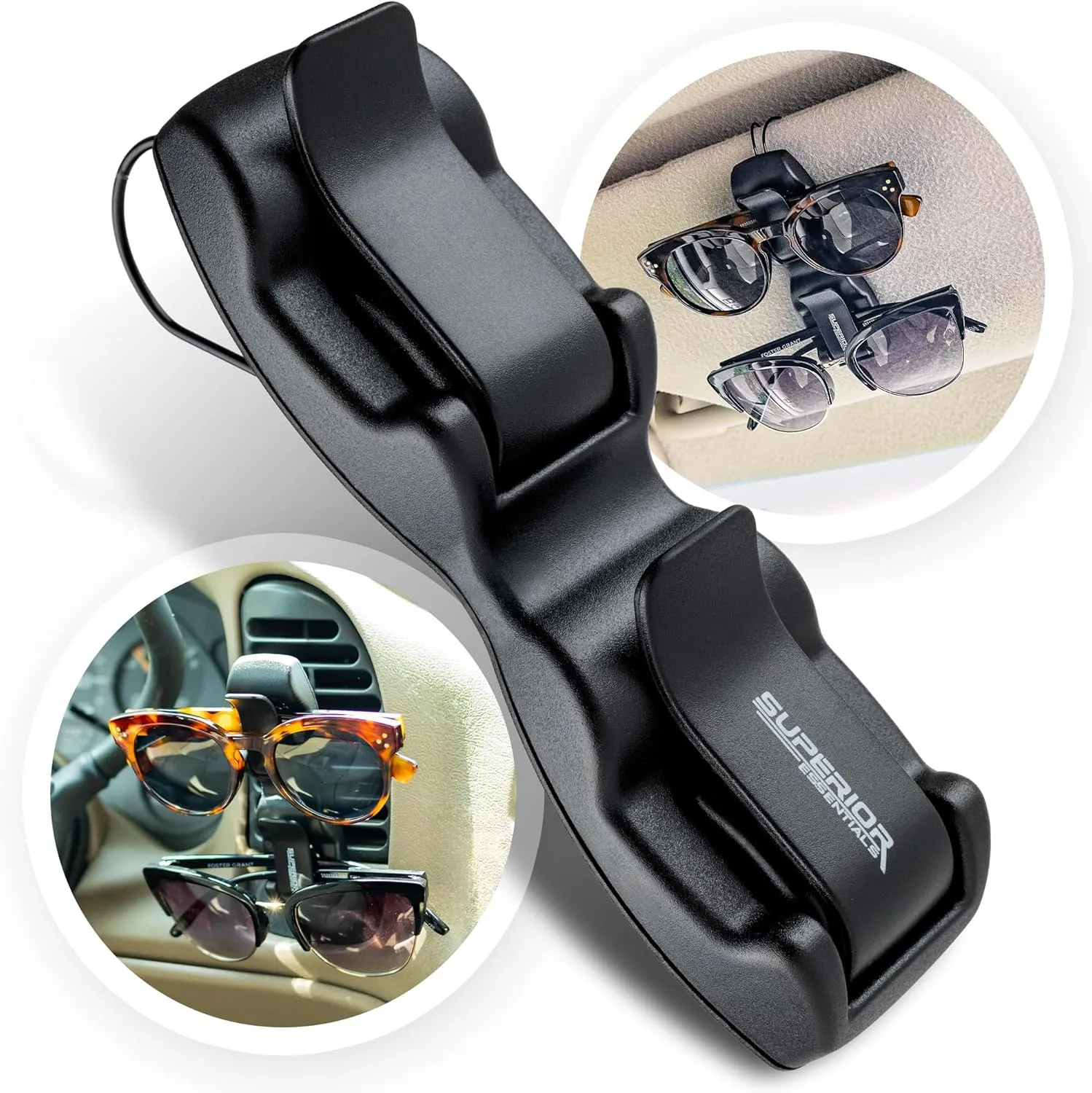 Superior Essentials Sunglass Holder for Car Visor - Eyeglass Car Mount with Double-Ends Sunglasses Holder Organizer, Universal Car Sunglass Holder Clip, Suitable for All Size Eyeglasses (2 Pack Black