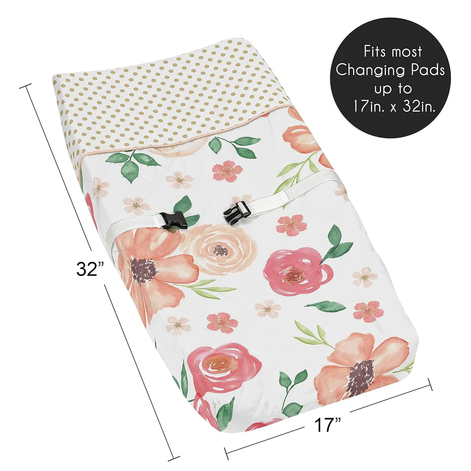 Sweet Jojo Designs Peach, Green and Gold Changing Pad Cover for Watercolor Floral Collection - Pink Rose Flower