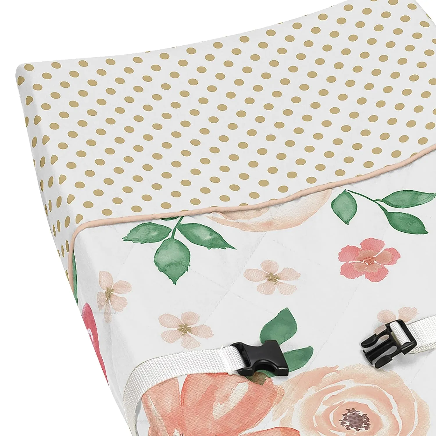Sweet Jojo Designs Peach, Green and Gold Changing Pad Cover for Watercolor Floral Collection - Pink Rose Flower