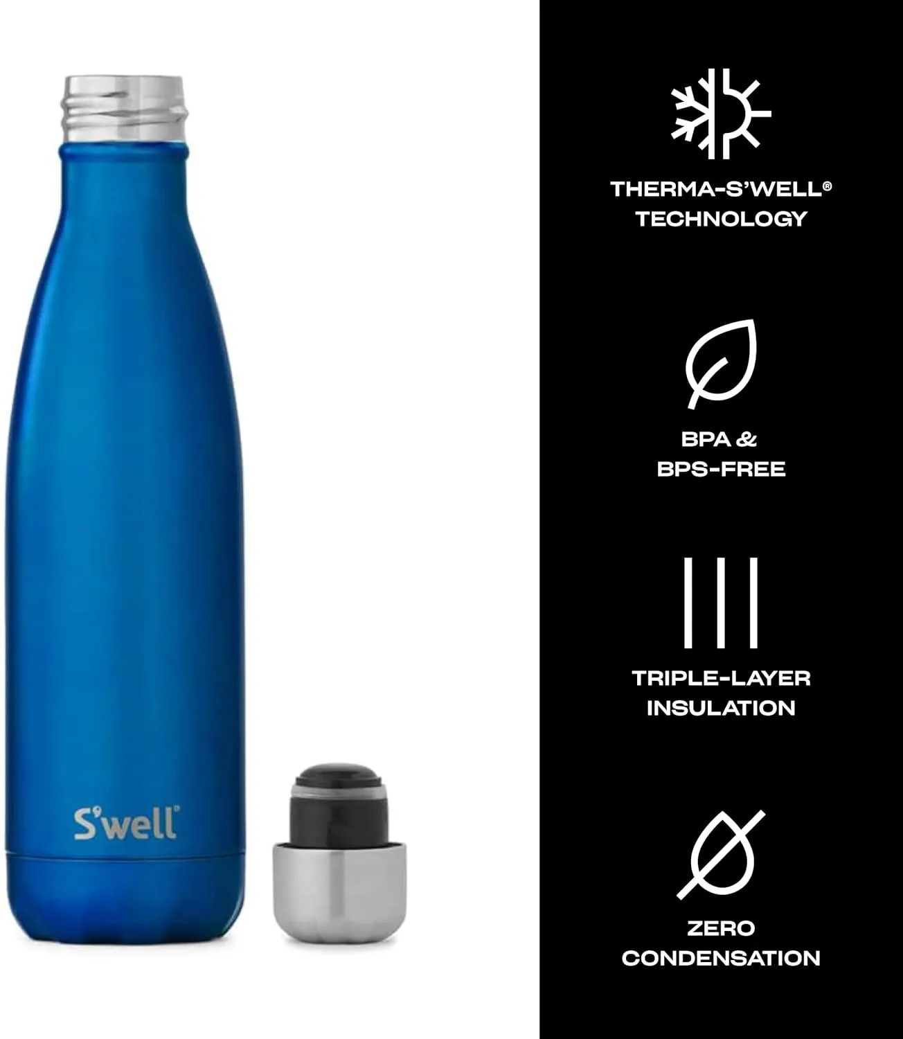 S'well Stainless Steel Water Bottle, 17oz, Ocean Blue, Triple Layered Vacuum Insulated Containers Keeps Drinks Cold for 36 Hours and Hot for 18, BPA Free, Perfect for On the Go