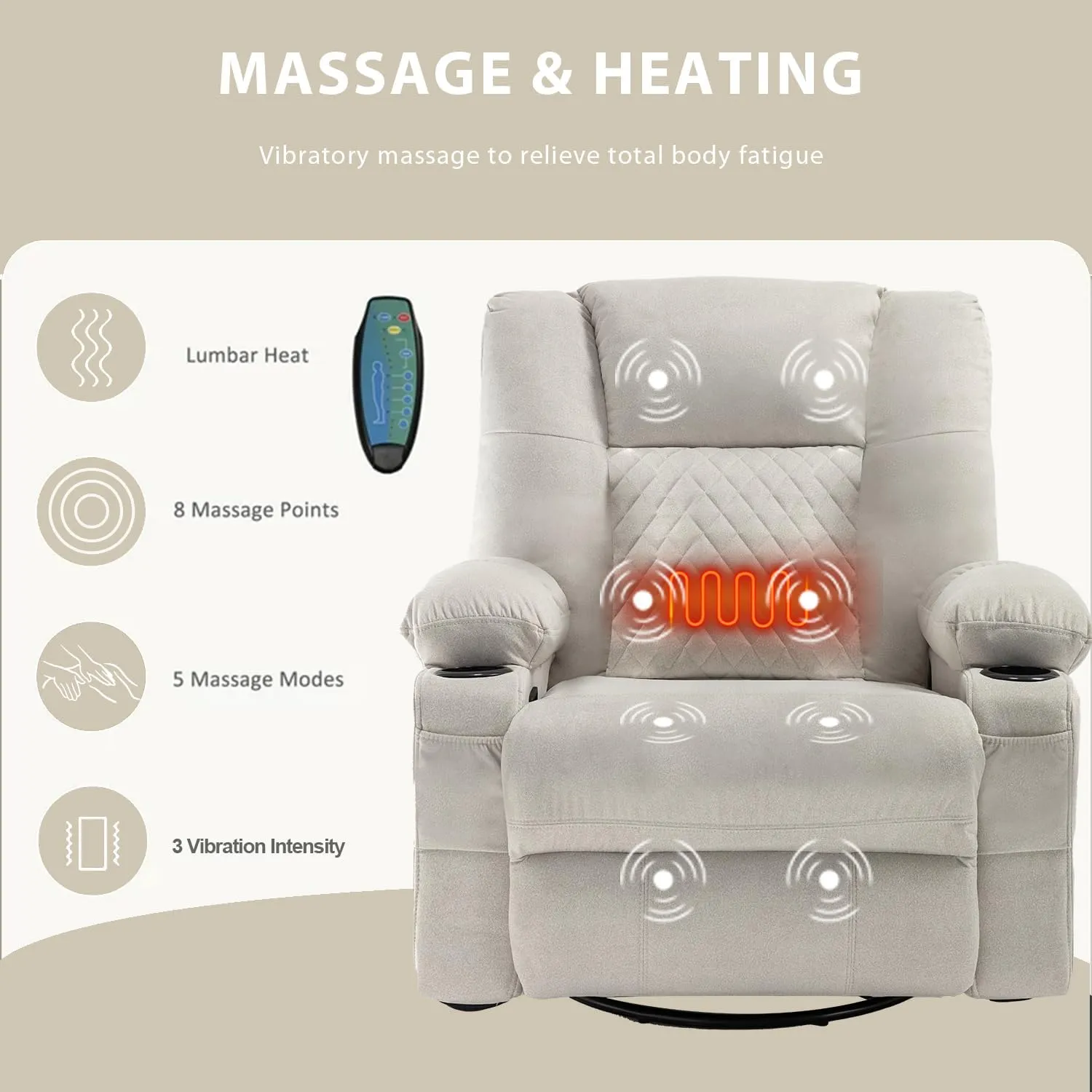 Swivel Recliner with Massage and Heat, Rocking Reclining Chairs for Adults, PU Leather Overstuffed Recliners with Cup Holders, Modern Manual Rocker Recliner Chairs for Living Room, Beige
