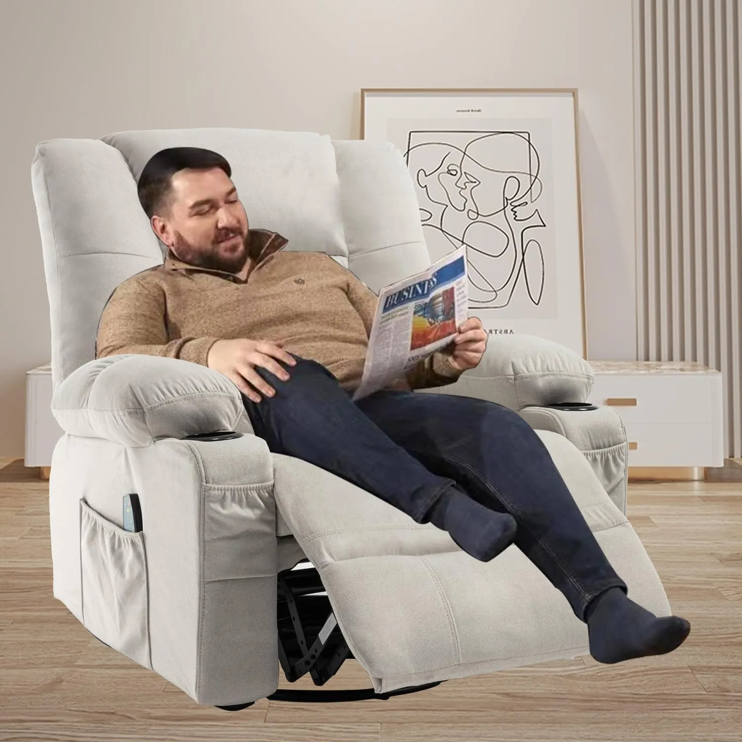 Swivel Recliner with Massage and Heat, Rocking Reclining Chairs for Adults, PU Leather Overstuffed Recliners with Cup Holders, Modern Manual Rocker Recliner Chairs for Living Room, Beige