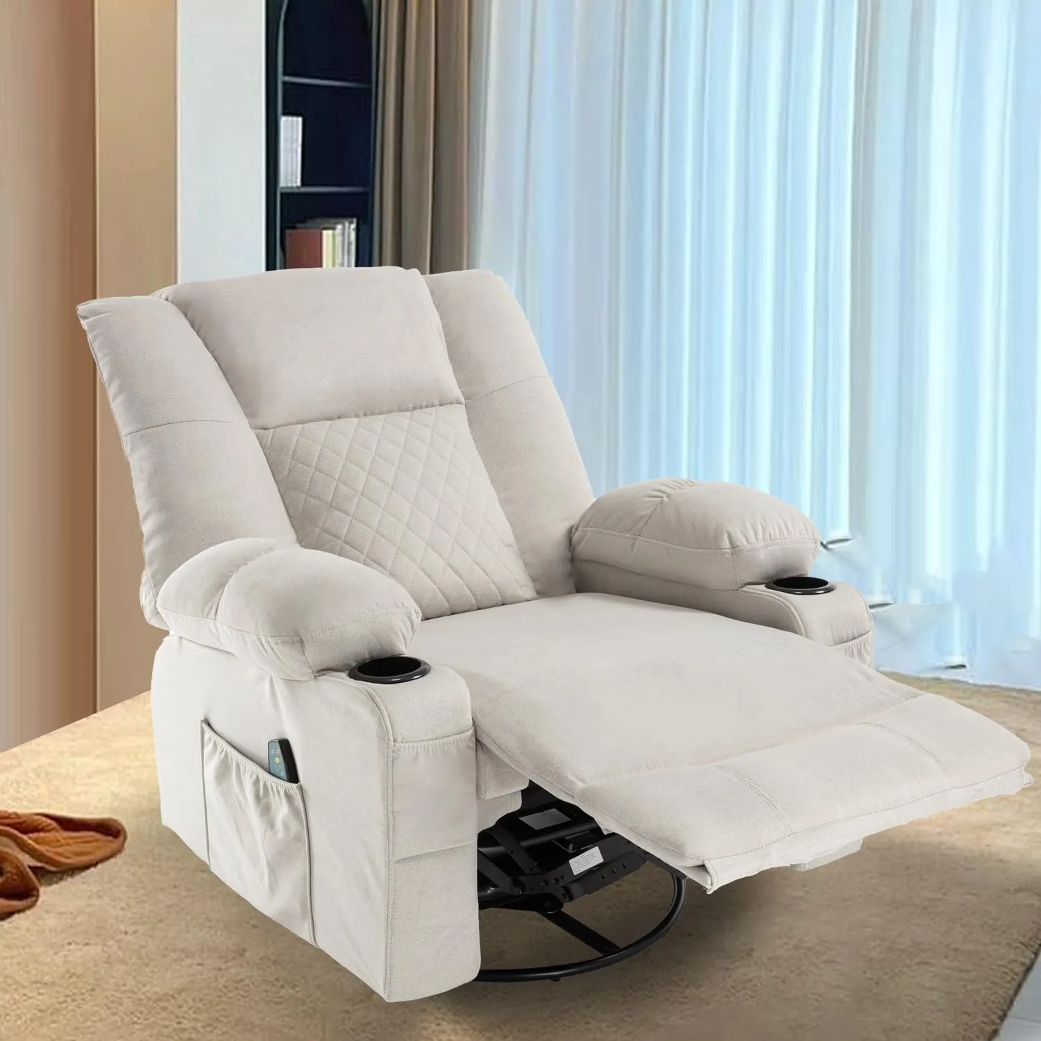 Swivel Recliner with Massage and Heat, Rocking Reclining Chairs for Adults, PU Leather Overstuffed Recliners with Cup Holders, Modern Manual Rocker Recliner Chairs for Living Room, Beige