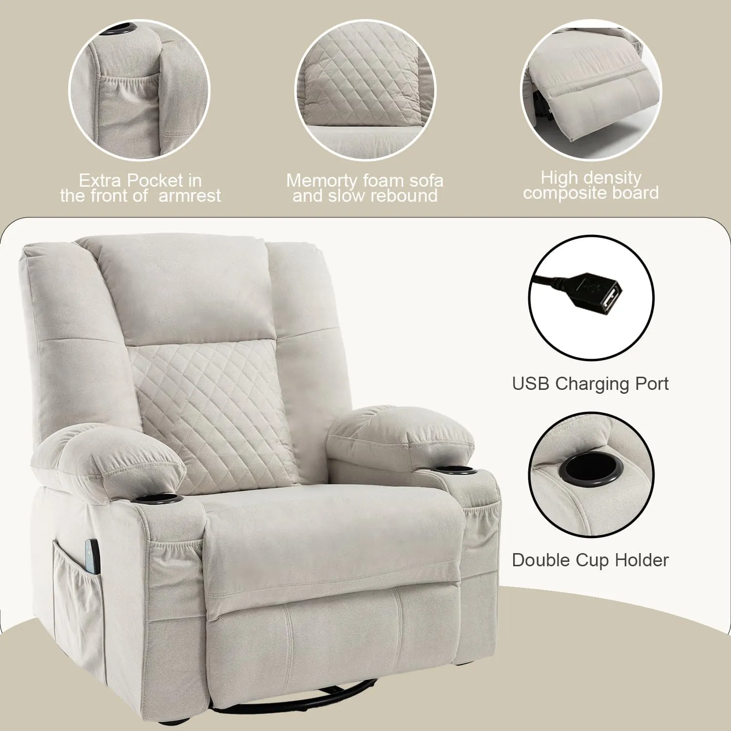 Swivel Recliner with Massage and Heat, Rocking Reclining Chairs for Adults, PU Leather Overstuffed Recliners with Cup Holders, Modern Manual Rocker Recliner Chairs for Living Room, Beige