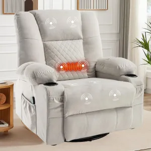 Swivel Recliner with Massage and Heat, Rocking Reclining Chairs for Adults, PU Leather Overstuffed Recliners with Cup Holders, Modern Manual Rocker Recliner Chairs for Living Room, Beige