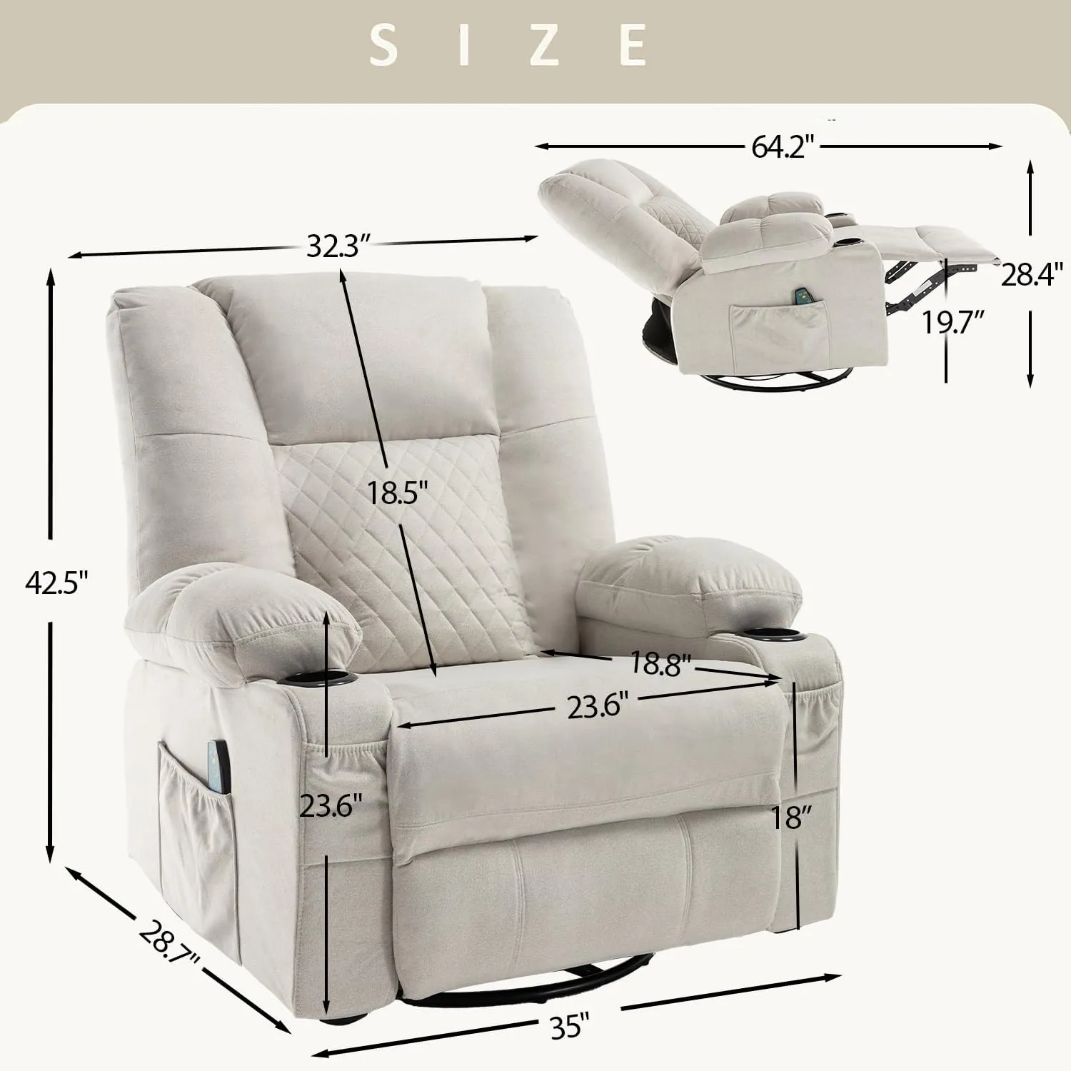 Swivel Recliner with Massage and Heat, Rocking Reclining Chairs for Adults, PU Leather Overstuffed Recliners with Cup Holders, Modern Manual Rocker Recliner Chairs for Living Room, Beige