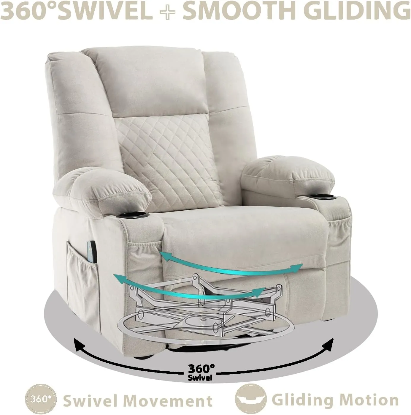 Swivel Recliner with Massage and Heat, Rocking Reclining Chairs for Adults, PU Leather Overstuffed Recliners with Cup Holders, Modern Manual Rocker Recliner Chairs for Living Room, Beige