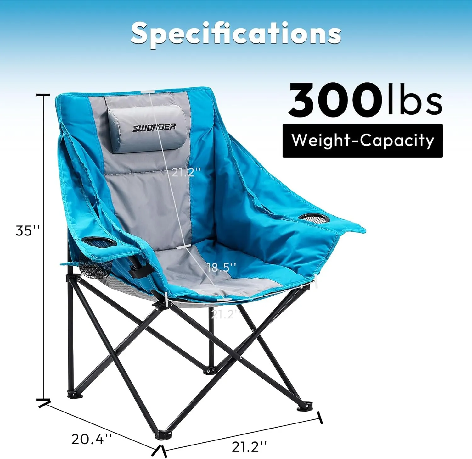 Swonder Oversized Moon Camping Chair with Innovative 2-in-1 Removable Seat Cushion for All Seasons, Heavy-Duty Fully Padded Folding Outdoor Chair with Headrest and Carry Bag