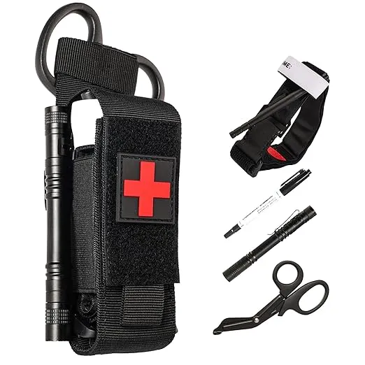 Tactical Molle Tourniquet Pouch Kit with TQ Tourniquet,Trauma Medical Shear,Penlight,Pen,Molle Tourniquet Holder Holster Kit for Outdoor Hiking Camping Survival First Aid (Black)