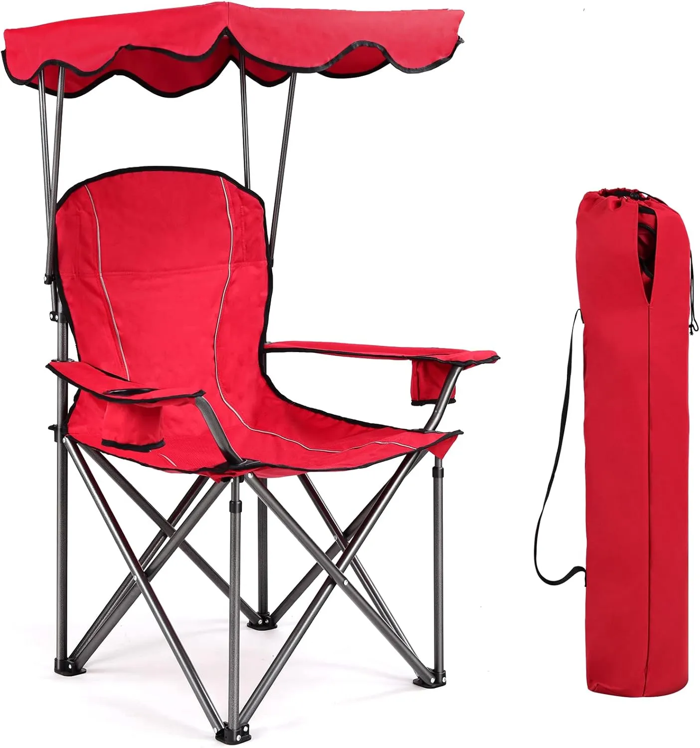 Tangkula Folding Camping Chair, Lightweight Portable Camp Lawn Chair with Adjustable Shade Canopy, Carrying Bag, Cup Holders, Outdoor Beach Chair for Travel, Fishing, Picnic (Red)