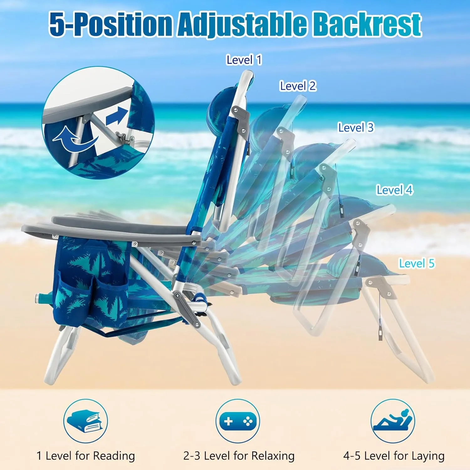 Tangkula Set of 4 Backpack Beach Chair, 5-Position Lay Flat Beach Chairs with Cooler Bag, 2 Cup Holders, Towel Bar, Lightweight Low Folding Beach Chair with Backpack Straps