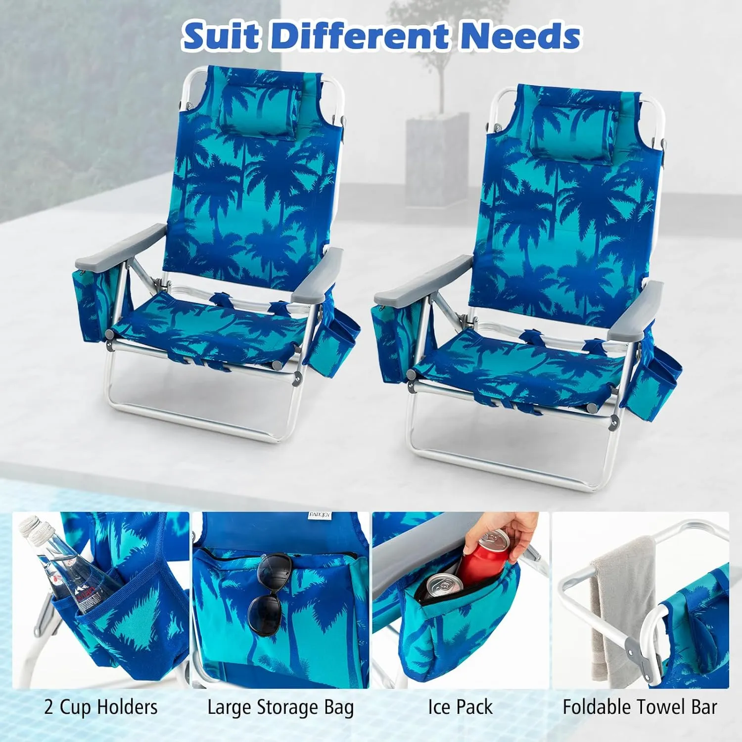 Tangkula Set of 4 Backpack Beach Chair, 5-Position Lay Flat Beach Chairs with Cooler Bag, 2 Cup Holders, Towel Bar, Lightweight Low Folding Beach Chair with Backpack Straps