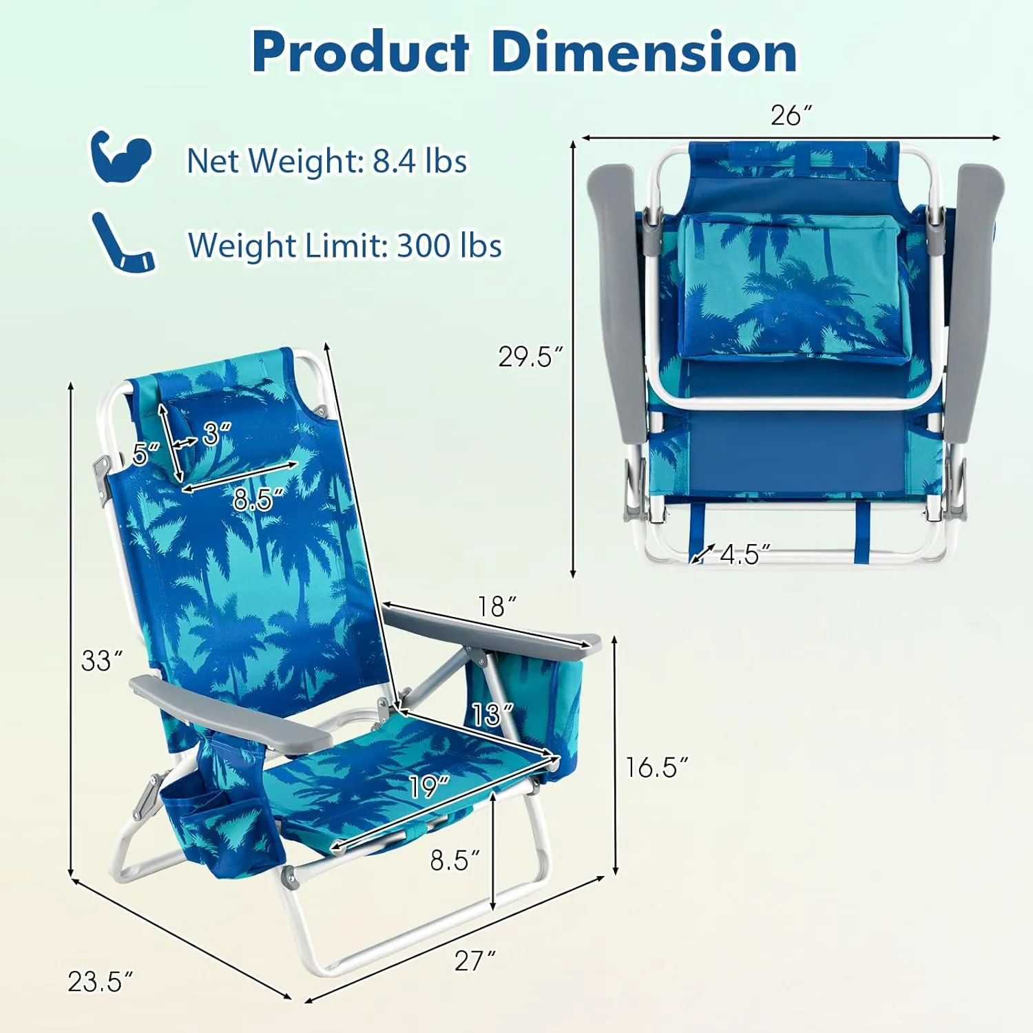 Tangkula Set of 4 Backpack Beach Chair, 5-Position Lay Flat Beach Chairs with Cooler Bag, 2 Cup Holders, Towel Bar, Lightweight Low Folding Beach Chair with Backpack Straps