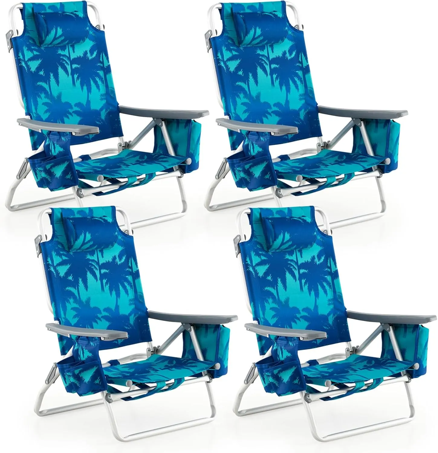 Tangkula Set of 4 Backpack Beach Chair, 5-Position Lay Flat Beach Chairs with Cooler Bag, 2 Cup Holders, Towel Bar, Lightweight Low Folding Beach Chair with Backpack Straps