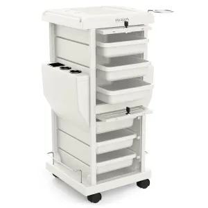 TASALON Salon Trolley Cart with Lock, 6 Lockable Trays   2 Holders, Rolling Storage Cart for Hair Salon, Beauty, Barber Station - White​
