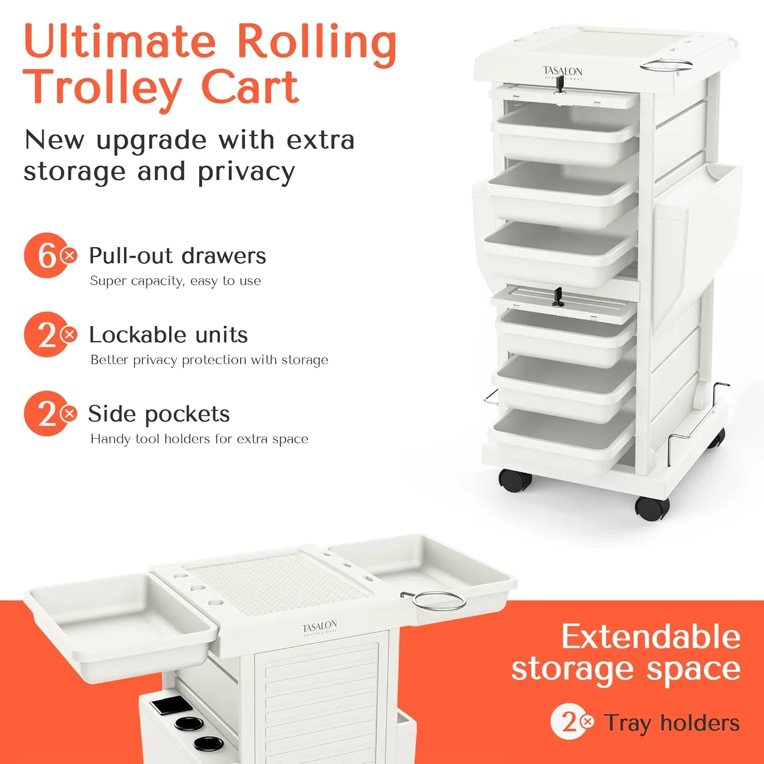 TASALON Salon Trolley Cart with Lock, 6 Lockable Trays   2 Holders, Rolling Storage Cart for Hair Salon, Beauty, Barber Station - White​