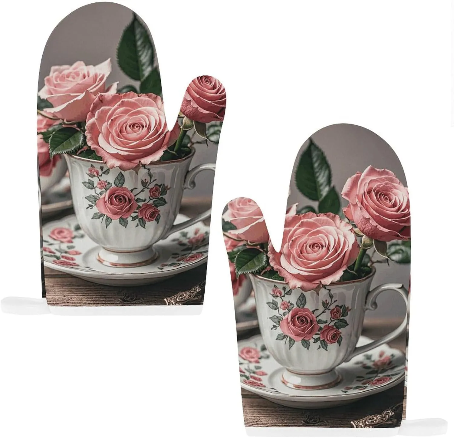 Tea Cups with Roses Romantic Shabby Oven Mitts and Pot Holders 2 Set, Heat Resistant Kitchen Glove with Quilted Liner, Non-Slip Oven Gloves for Baking Cooking