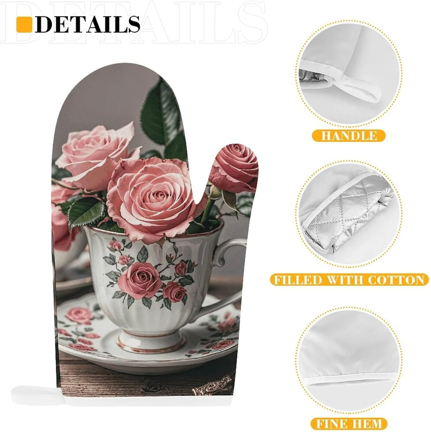 Tea Cups with Roses Romantic Shabby Oven Mitts and Pot Holders 2 Set, Heat Resistant Kitchen Glove with Quilted Liner, Non-Slip Oven Gloves for Baking Cooking