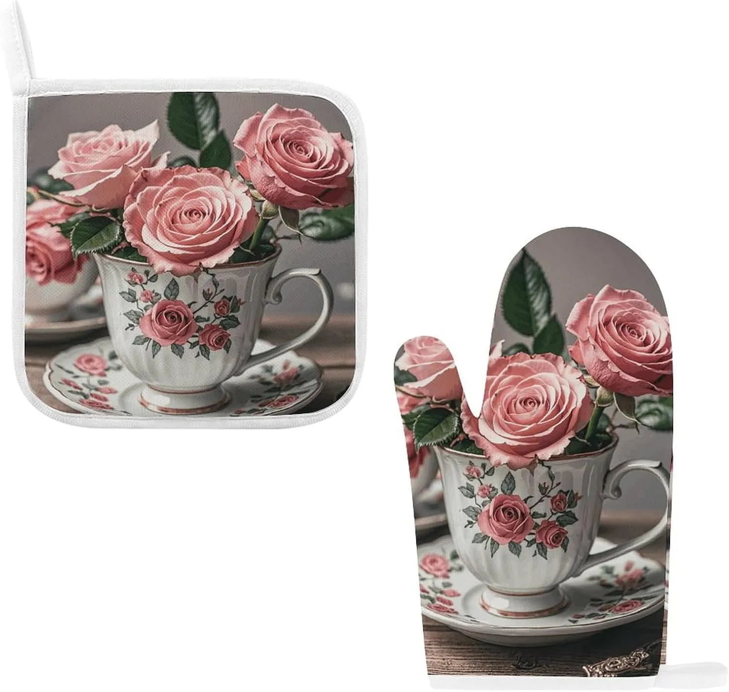 Tea Cups with Roses Romantic Shabby Oven Mitts and Pot Holders 2 Set, Heat Resistant Kitchen Glove with Quilted Liner, Non-Slip Oven Gloves for Baking Cooking