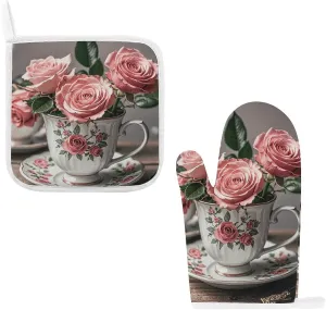 Tea Cups with Roses Romantic Shabby Oven Mitts and Pot Holders 2 Set, Heat Resistant Kitchen Glove with Quilted Liner, Non-Slip Oven Gloves for Baking Cooking