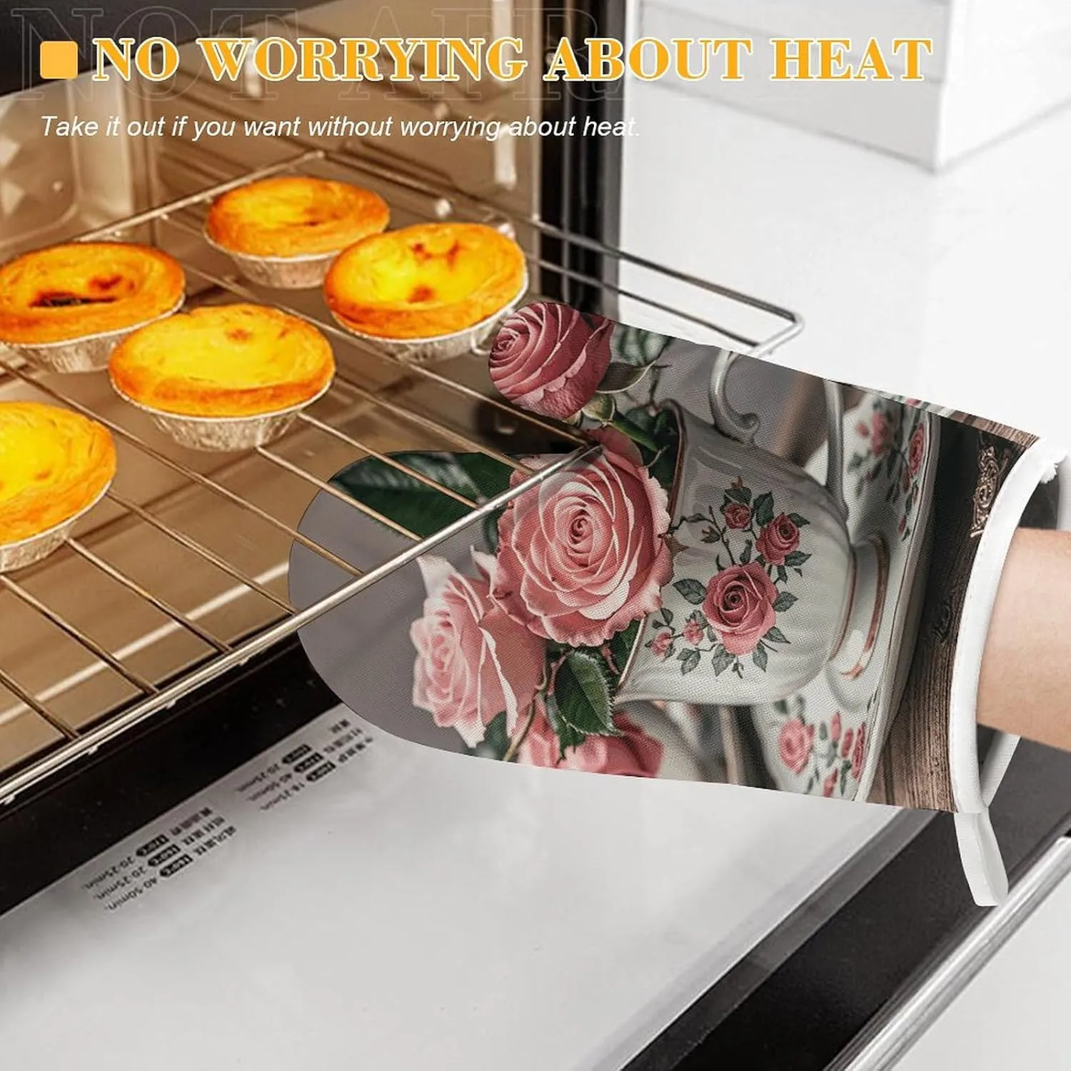 Tea Cups with Roses Romantic Shabby Oven Mitts and Pot Holders 2 Set, Heat Resistant Kitchen Glove with Quilted Liner, Non-Slip Oven Gloves for Baking Cooking