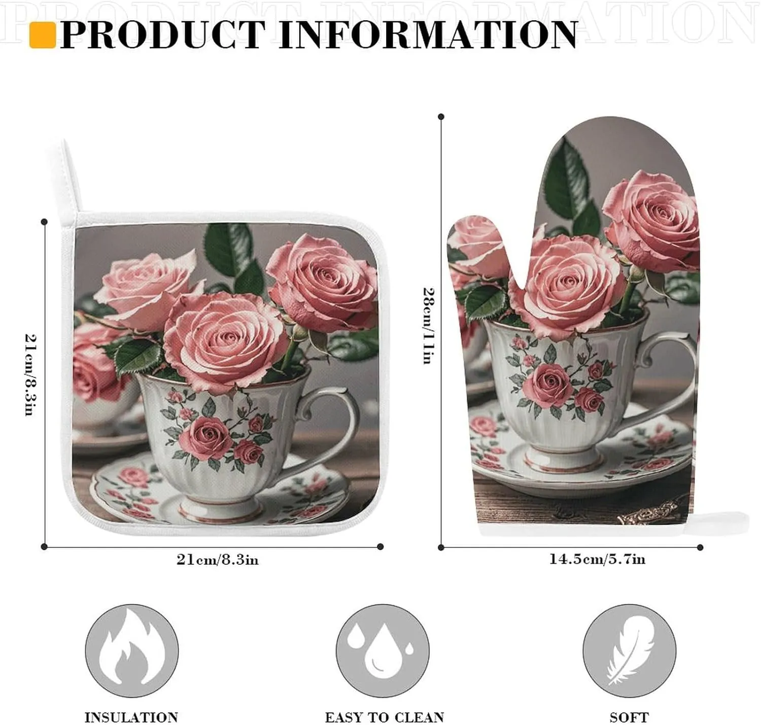 Tea Cups with Roses Romantic Shabby Oven Mitts and Pot Holders 2 Set, Heat Resistant Kitchen Glove with Quilted Liner, Non-Slip Oven Gloves for Baking Cooking