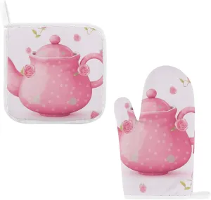 Teapot Oven Mitts and Pot Holders 2 Set, Heat Resistant Kitchen Glove with Quilted Liner, Non-Slip Oven Gloves for Baking Cooking