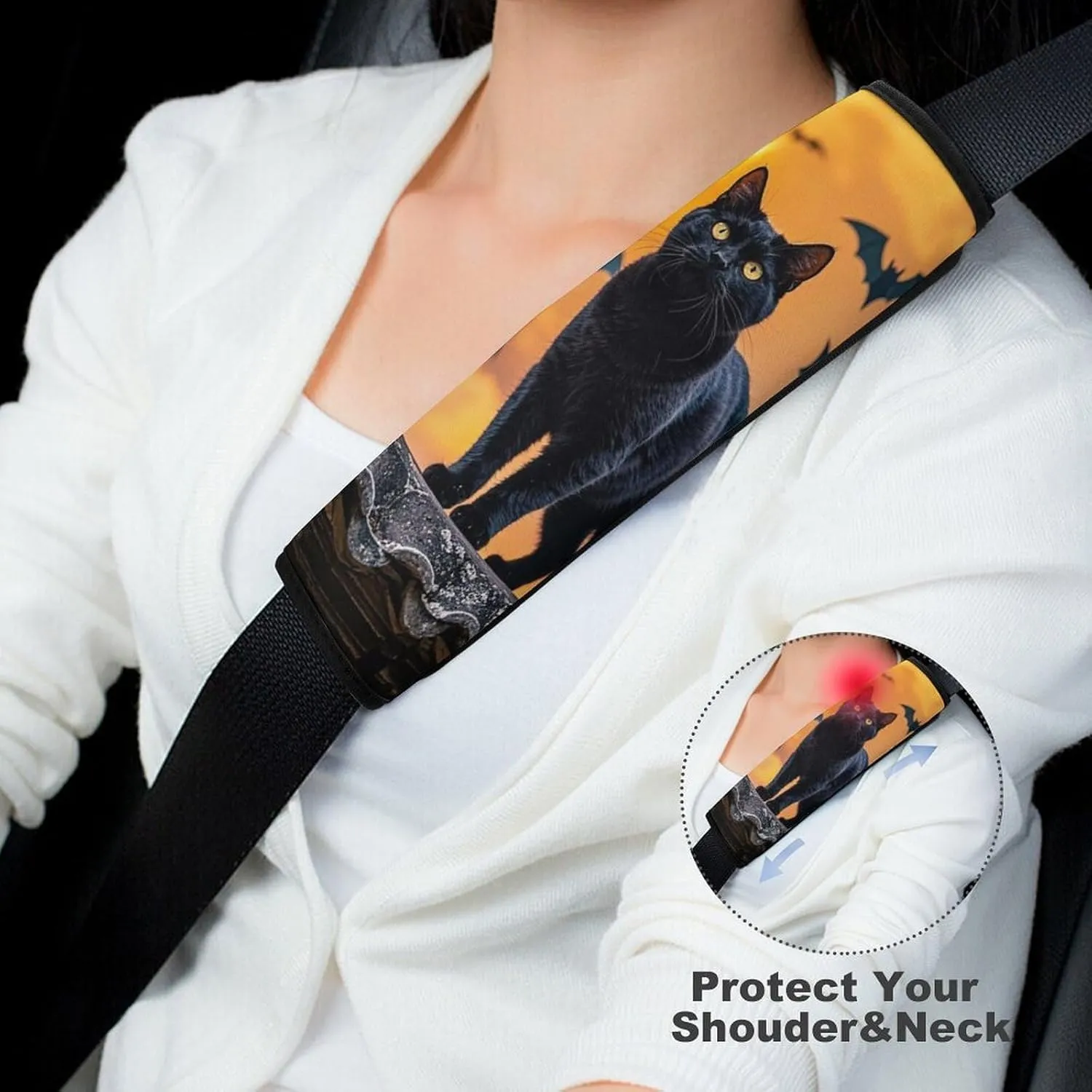 The Black Cat is Pacing on The Roof Auto Seat Belt Cover 2PCS Universal Car Seat Belt Shoulder Protector Pad, Protect Your Shoulders and Neck for Car Seat Belt, Shoulder Bag, Backpack