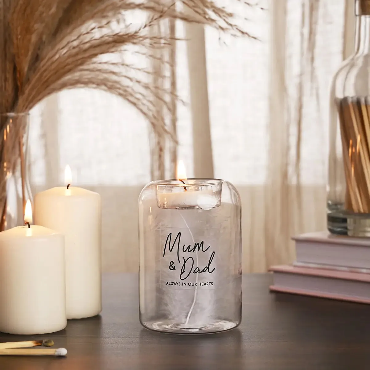 Thoughts of You Feather Glass Tea Light Holder - Mum & Dad