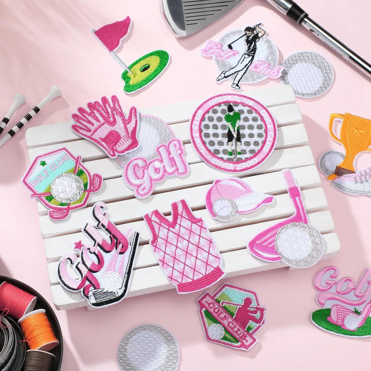 Tigeen 48 Pcs Pink Golf Iron on Patches Sports Embroidery Applique Pink and Green Golf Ball Sewing Patches for Clothing, Jackets, Jeans, Bags, Dress, Hats DIY Applique Emblem Accessory