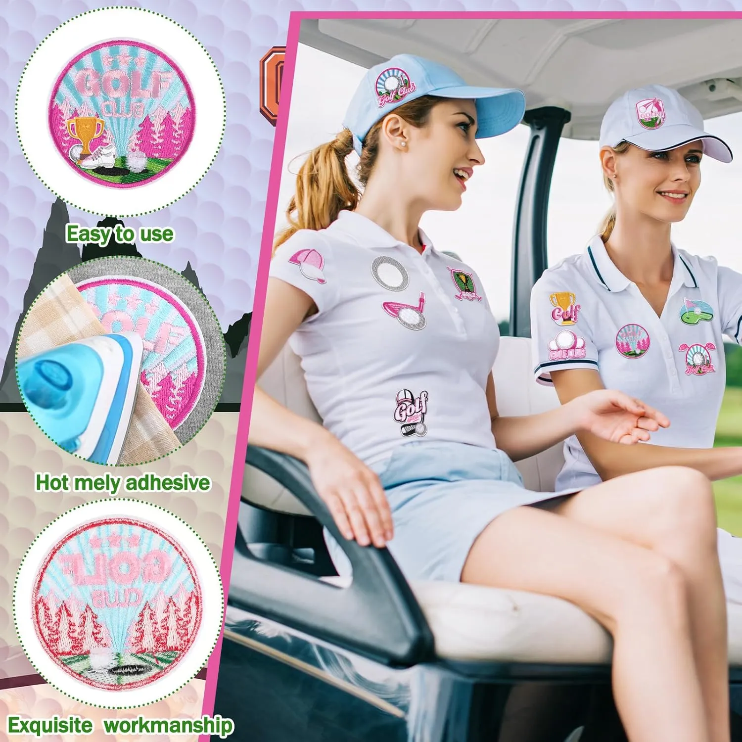Tigeen 48 Pcs Pink Golf Iron on Patches Sports Embroidery Applique Pink and Green Golf Ball Sewing Patches for Clothing, Jackets, Jeans, Bags, Dress, Hats DIY Applique Emblem Accessory