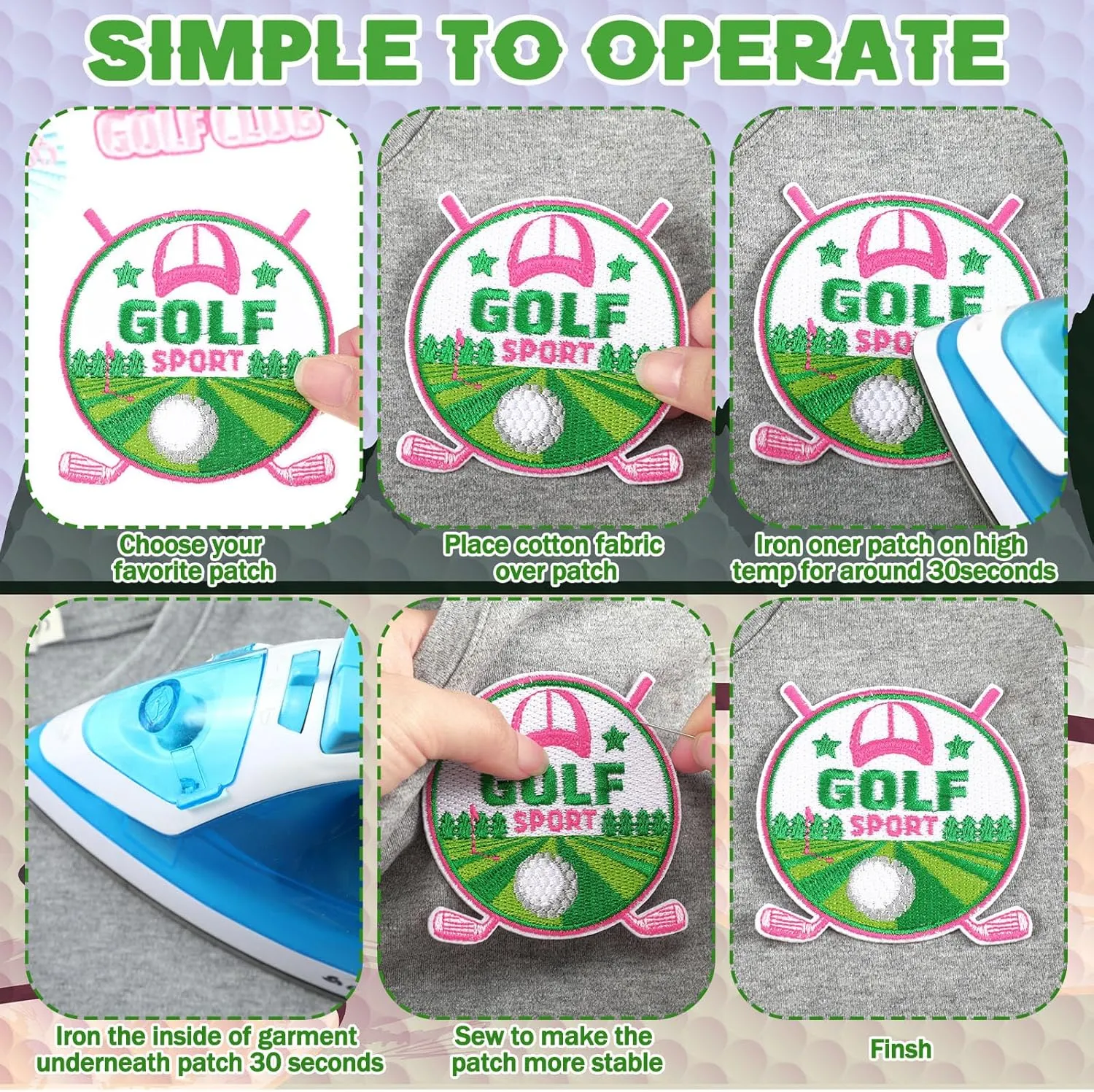 Tigeen 48 Pcs Pink Golf Iron on Patches Sports Embroidery Applique Pink and Green Golf Ball Sewing Patches for Clothing, Jackets, Jeans, Bags, Dress, Hats DIY Applique Emblem Accessory