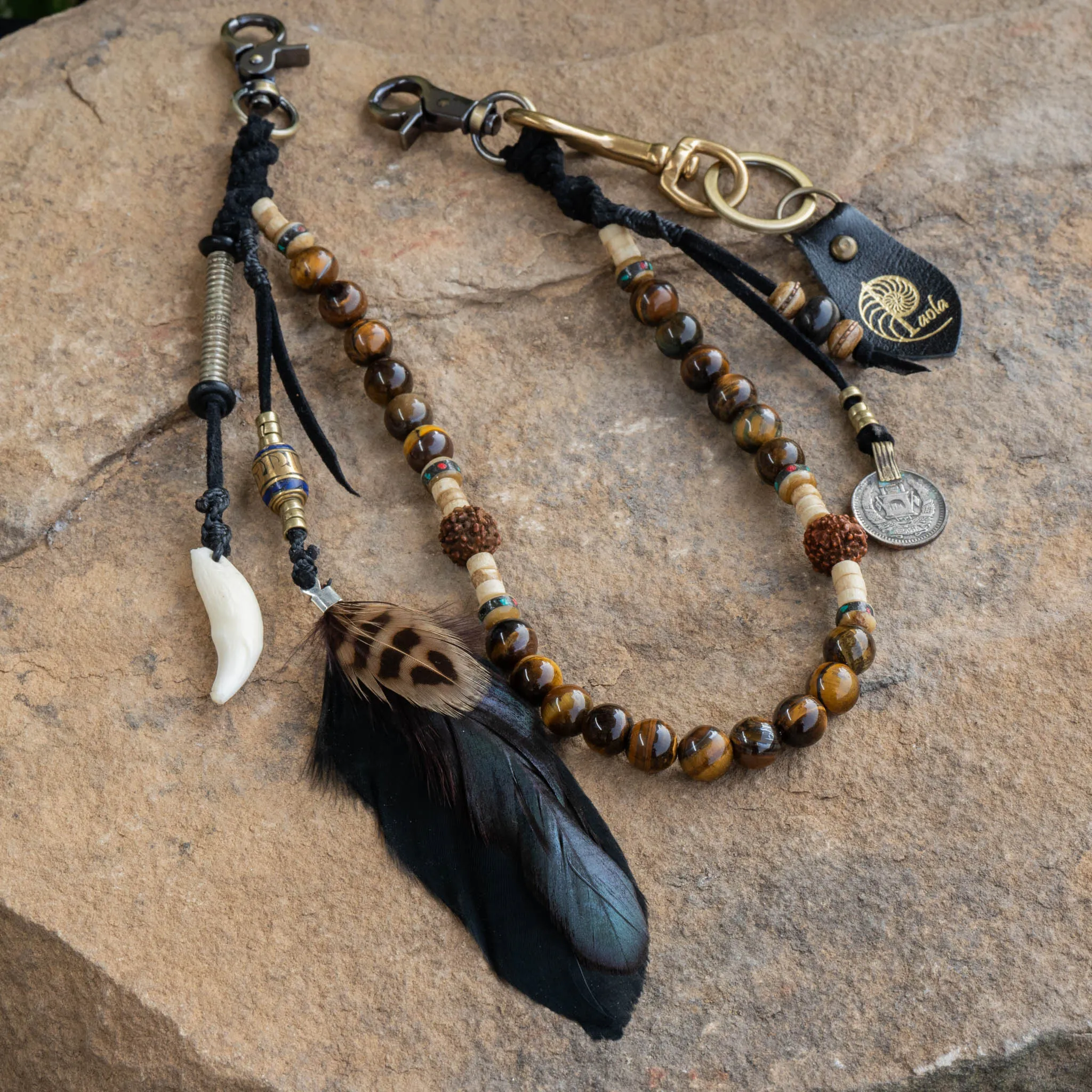 Tiger Eye Key Chain and Black Feather