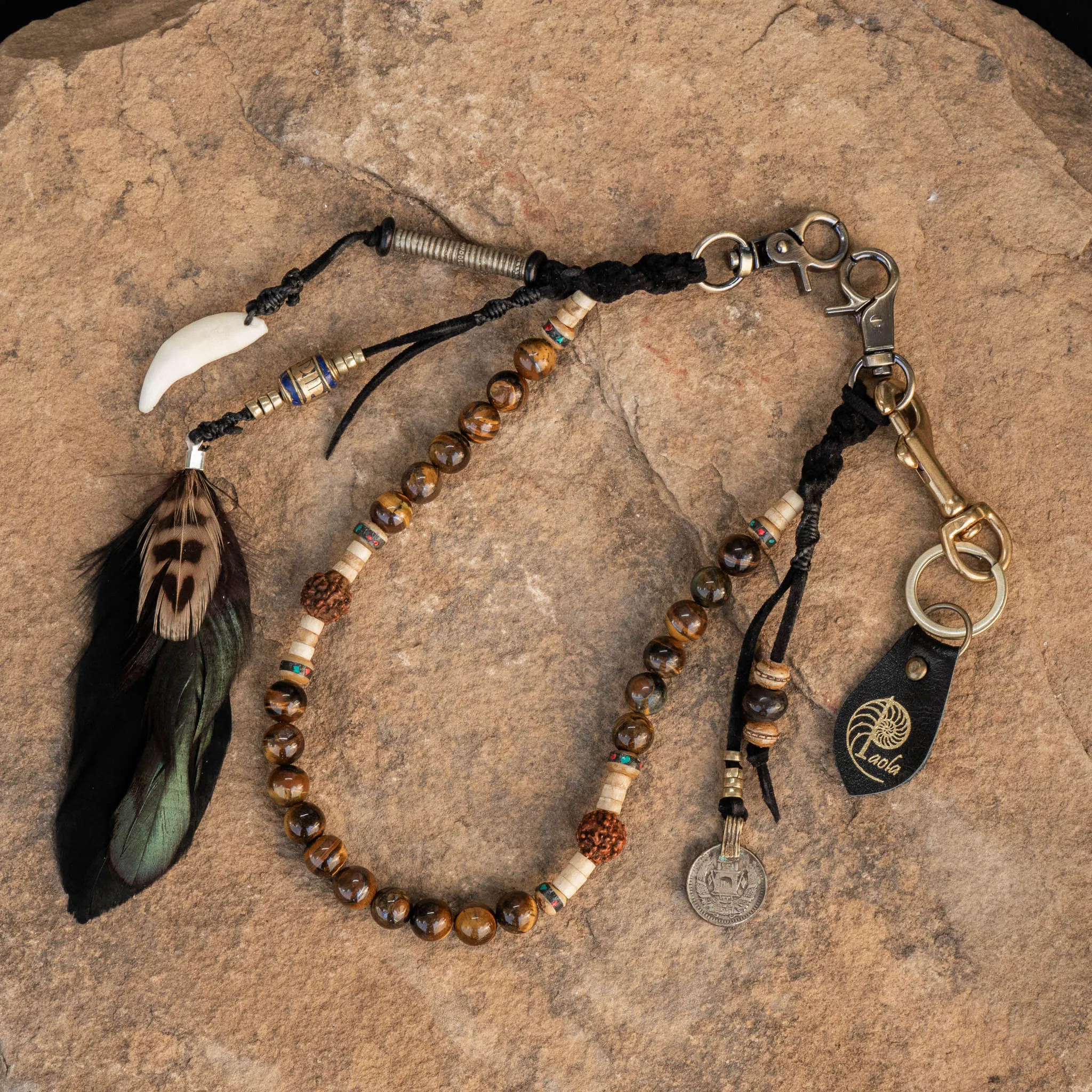 Tiger Eye Key Chain and Black Feather