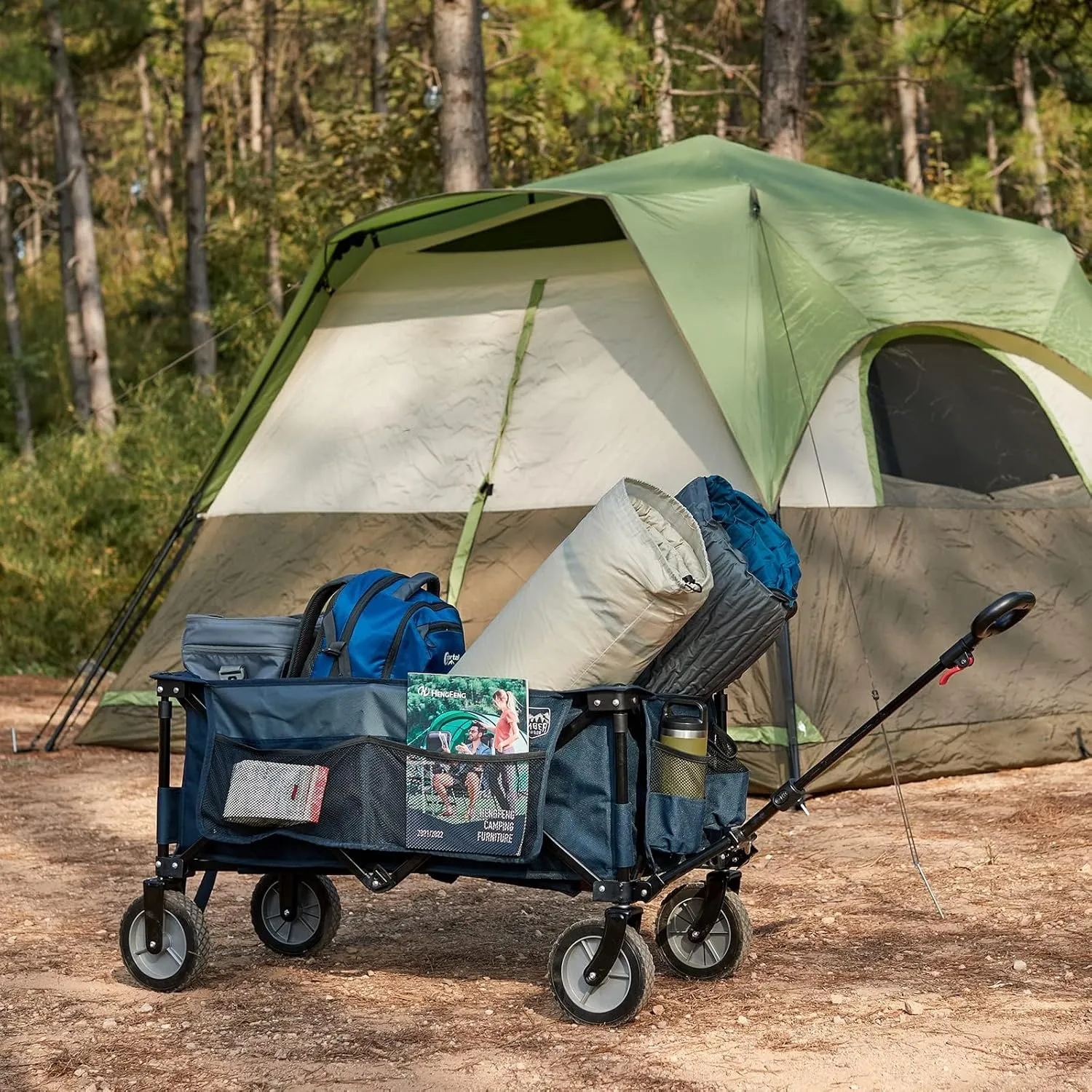 TIMBER RIDGE Collapsible Outdoor Folding Wagon Cart Heavy Duty Camping Patio Shopping Garden Cart with Side Bag Cup Holder, Blue