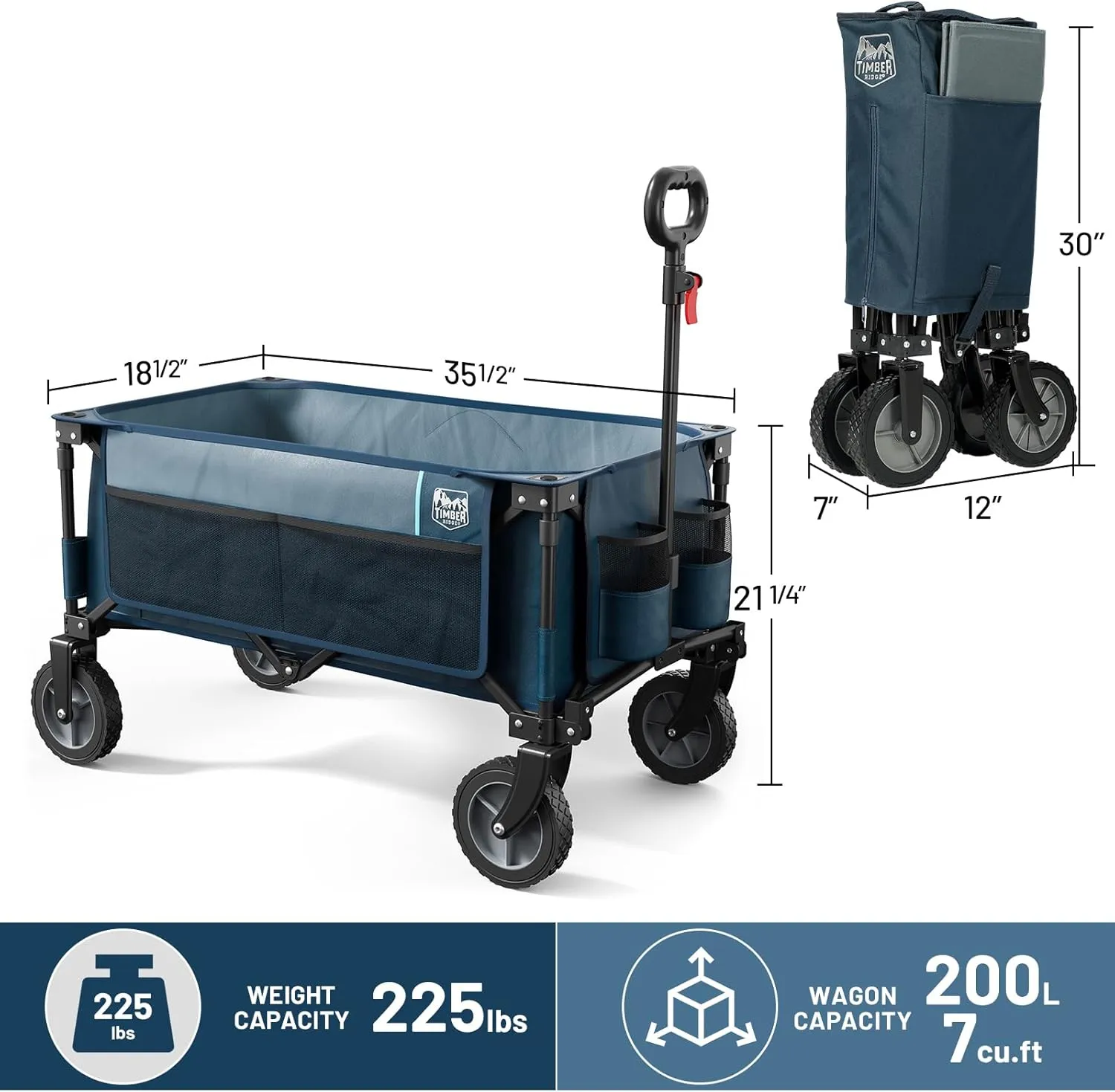 TIMBER RIDGE Collapsible Outdoor Folding Wagon Cart Heavy Duty Camping Patio Shopping Garden Cart with Side Bag Cup Holder, Blue