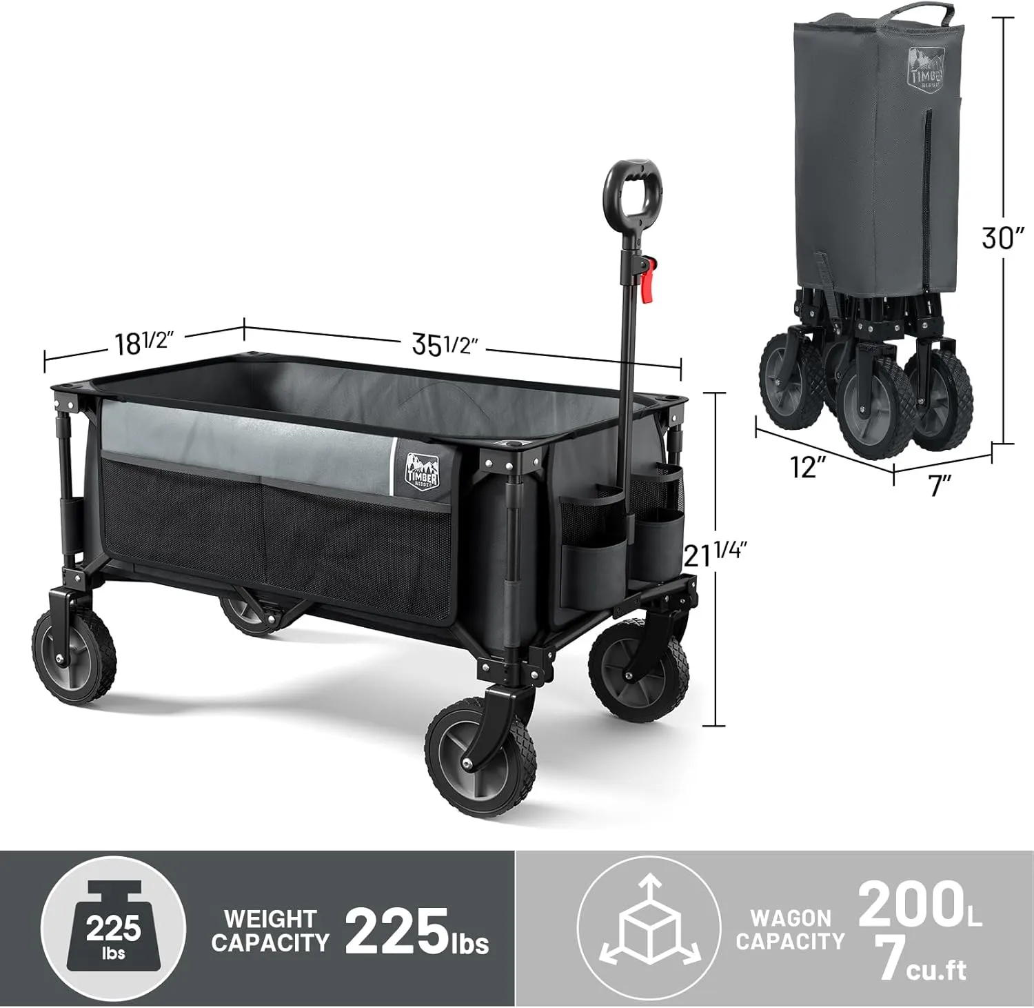 TIMBER RIDGE Collapsible Outdoor Folding Wagon Cart Heavy Duty Camping Patio Shopping Garden Cart with Side Bag Cup Holder, Grey